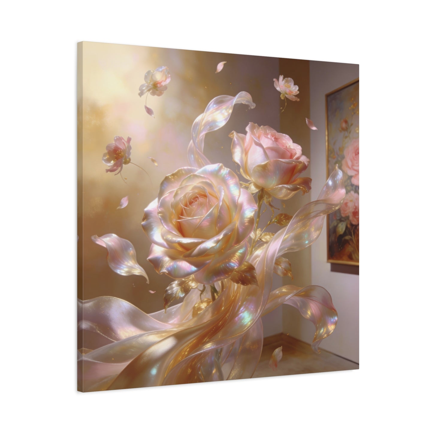 Iridescent Pink Rose Canvas Wall Art - Pearlescent Floral Wall Decor, Dreamy Botanical Home Decoration - Luminous Matte Canvas Print - Romantic Contemporary Style, Bedroom Accent - Ready to Hang