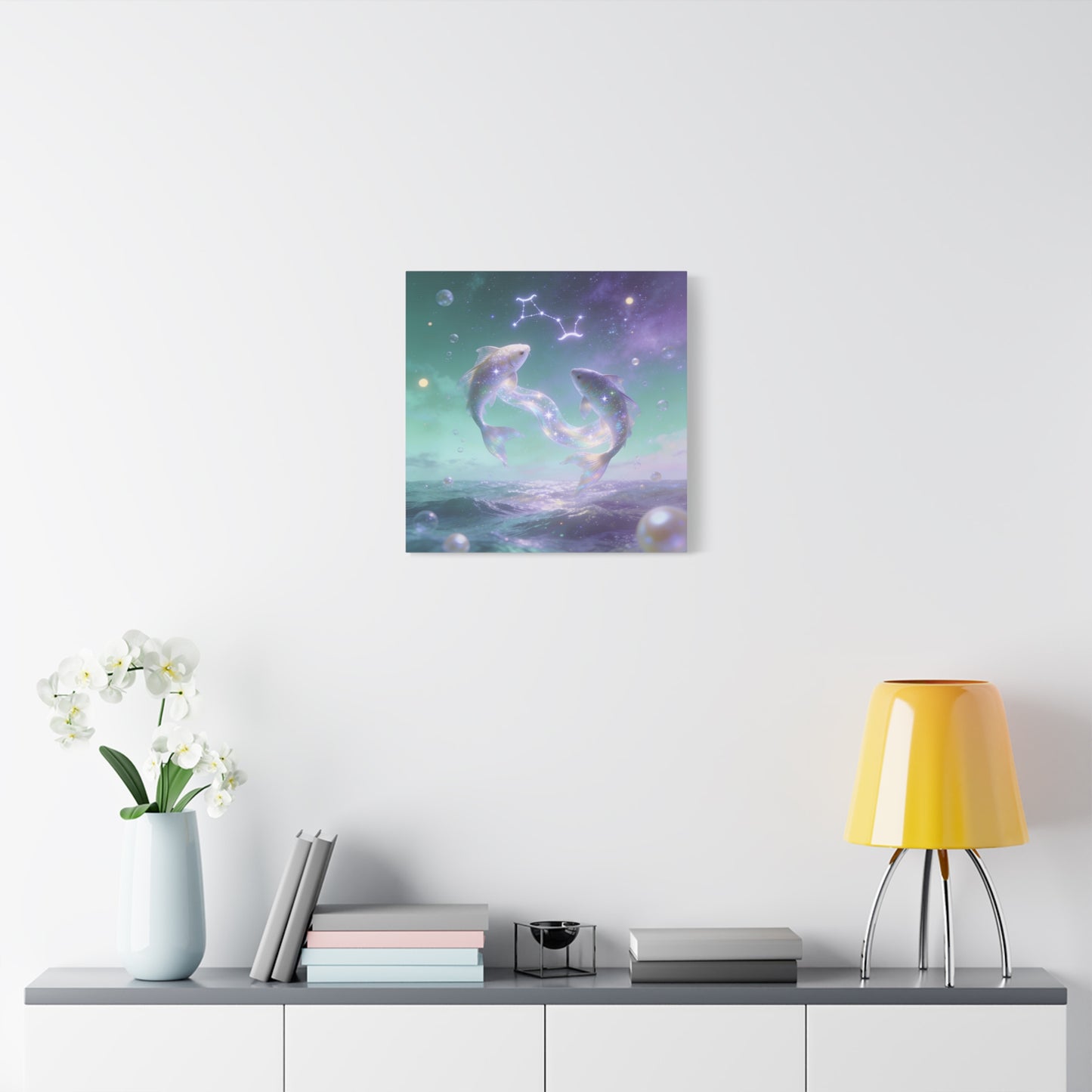 Pisces Fish Canvas Wall Art - Celestial Ocean Zodiac Illustration, Dreamy Aurora Nightscape, Matte Cotton Print, Mystical Bedroom Accent, Meditation Space Piece, Office Interior Style - Ready to Hang