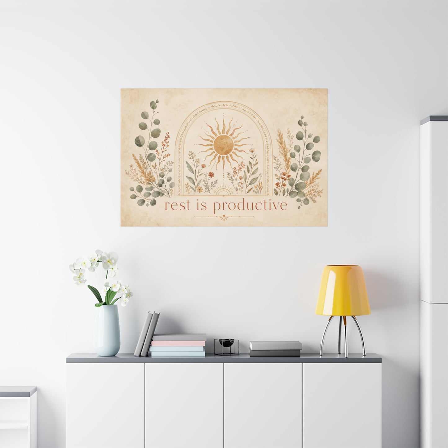 "Rest Is Productive" Inspirational Canvas Wall Art - Boho Sun And Botanical Arch Print - Neutral Typography Decor - Bedroom Living Room Decoration - Office Wall Art - Bedroom Home Decoration