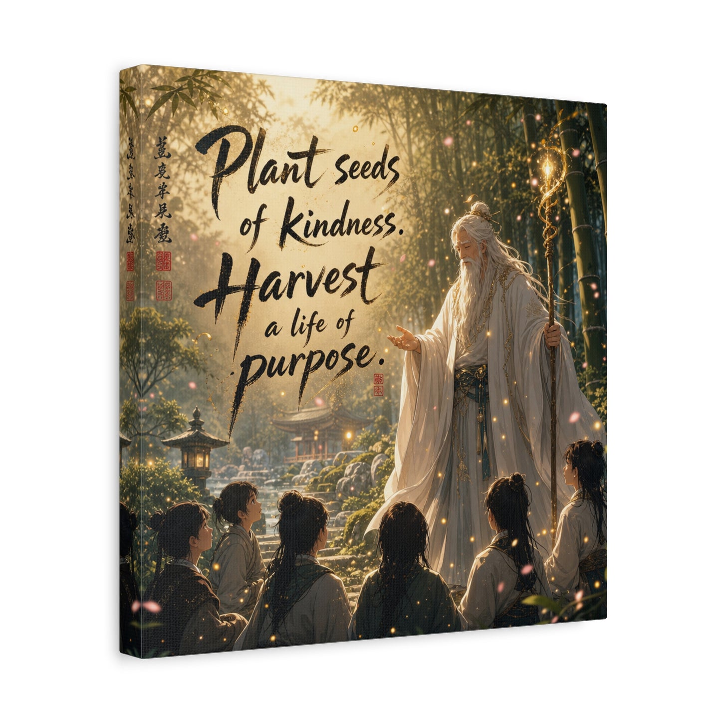 "Plant Seeds Of Kindness. Harvest A Life Of Purpose." Zen Canvas Wall Art - Wise Elder In Bamboo Garden, Inspirational Typography Print - Traditional Style, Bedroom Meditation Decor - Office Wall Art