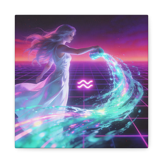 Aquarius Woman Canvas Wall Art - Neon Water Bearer Zodiac Illustration, Retro Synthwave Aesthetic - Matte Canvas Print - Bedroom Wall Decor, Home Office Accent, Mystical Decor - Modern Farmhouse Style