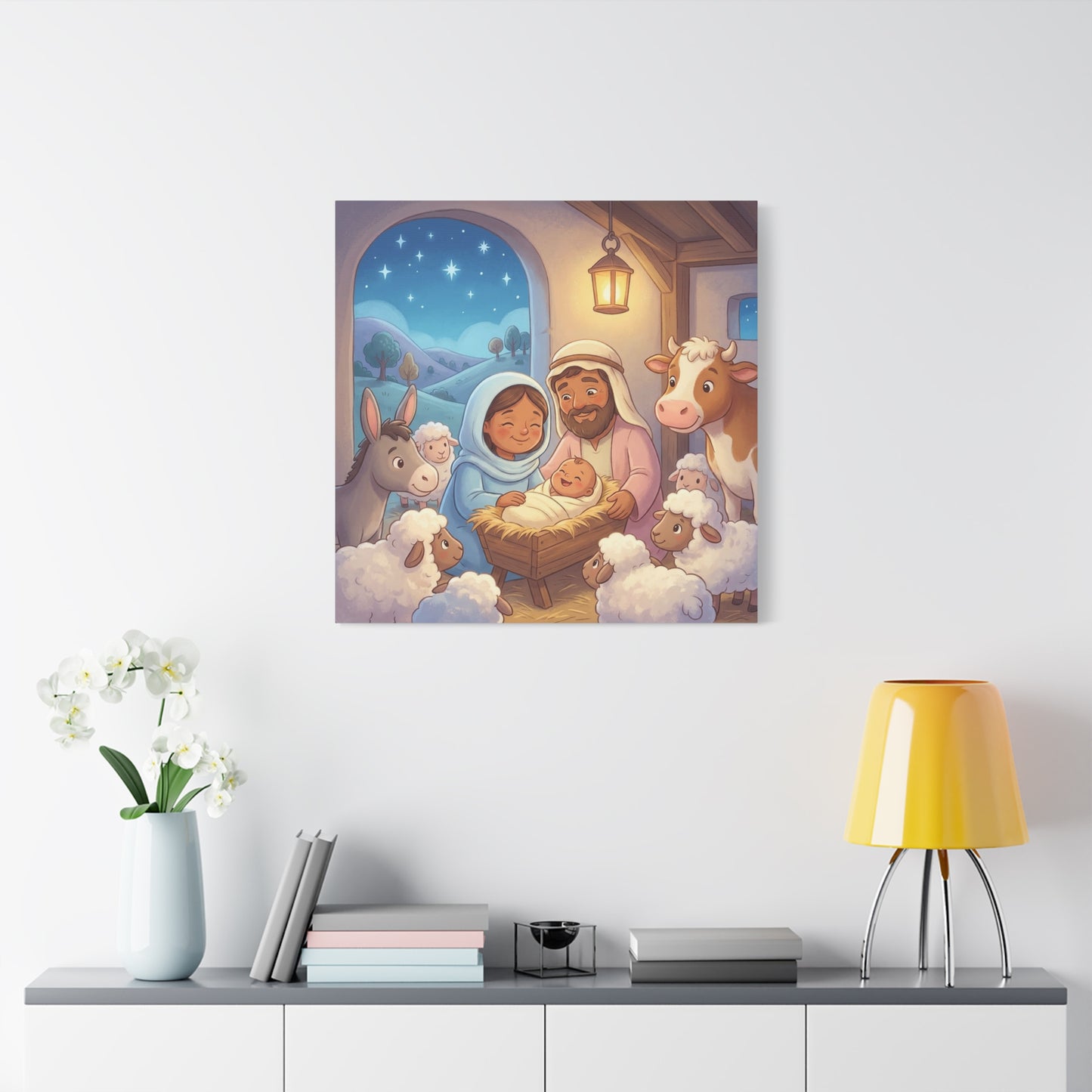 Holy Family Nativity Canvas Wall Art - Baby Jesus, Mary And Joseph Nursery Decor - Starry Stable Christian Home Decoration - Matte Canvas Print For Bedroom, Living Room - Ready to Hang - Ready to Hang