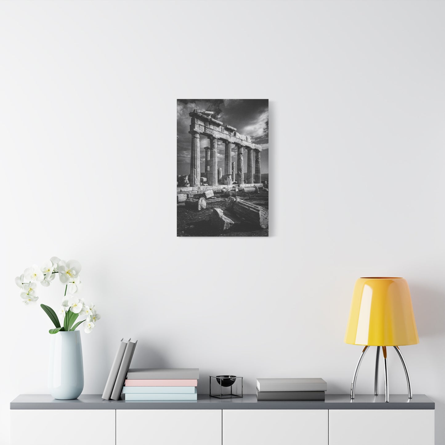 Ancient Greek Temple Ruins Canvas Wall Art - Black And White Architectural Art Print, Dramatic Sky, Vintage Classical Style - Living Room Wall Decor, Office Art Accent - Modern Farmhouse Style