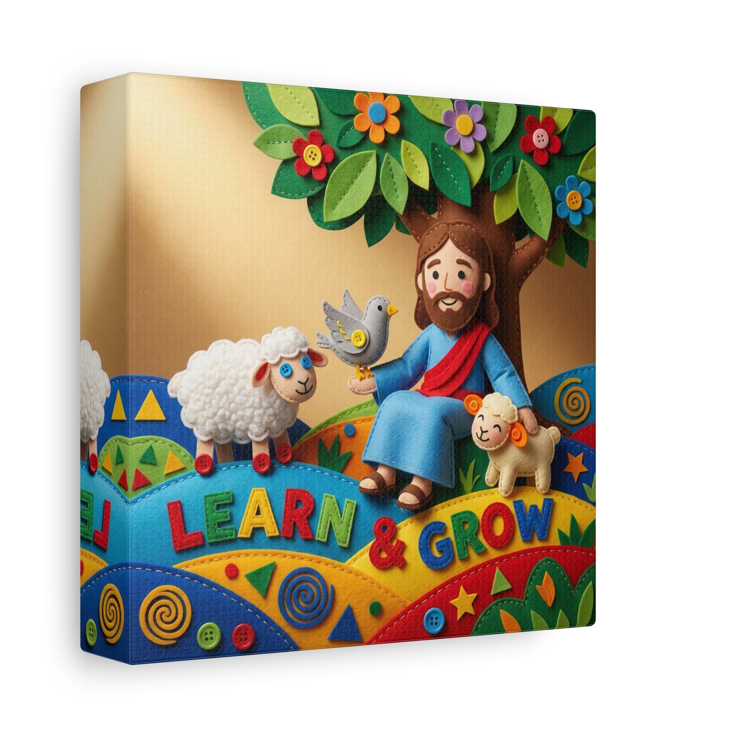 "Learn & Grow" Jesus Canvas Wall Art - Christian Nursery Decor, Lamb And Dove Under Tree - Colorful Felt Style Canvas Print - Kids Room Wall Hanging, Classroom Decoration - Ready to Hang