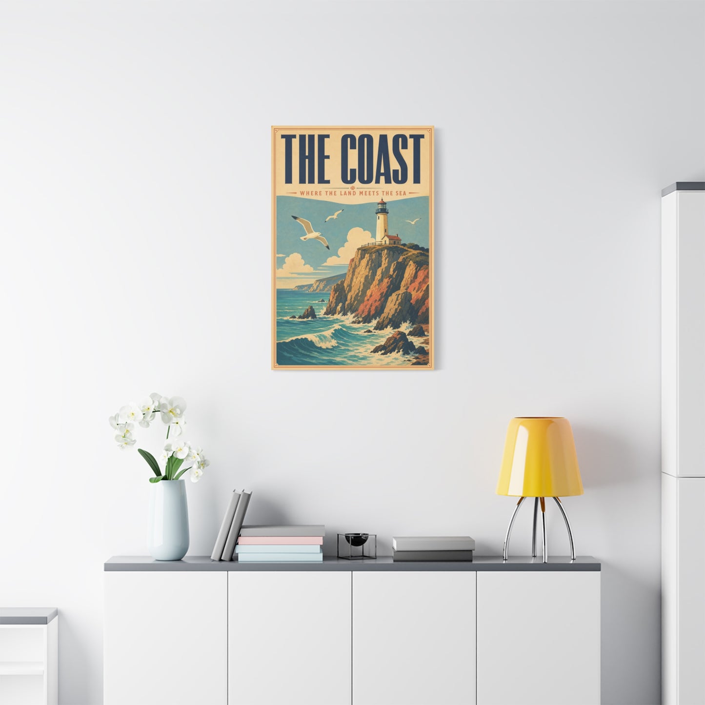"The Coast Where The Land Meets The Sea" Canvas Wall Art - Vintage Lighthouse Seascape, Coastal Cliff Poster Style Print - Nautical Wall Decor, Beach House Living Room Decoration - Ready to Hang