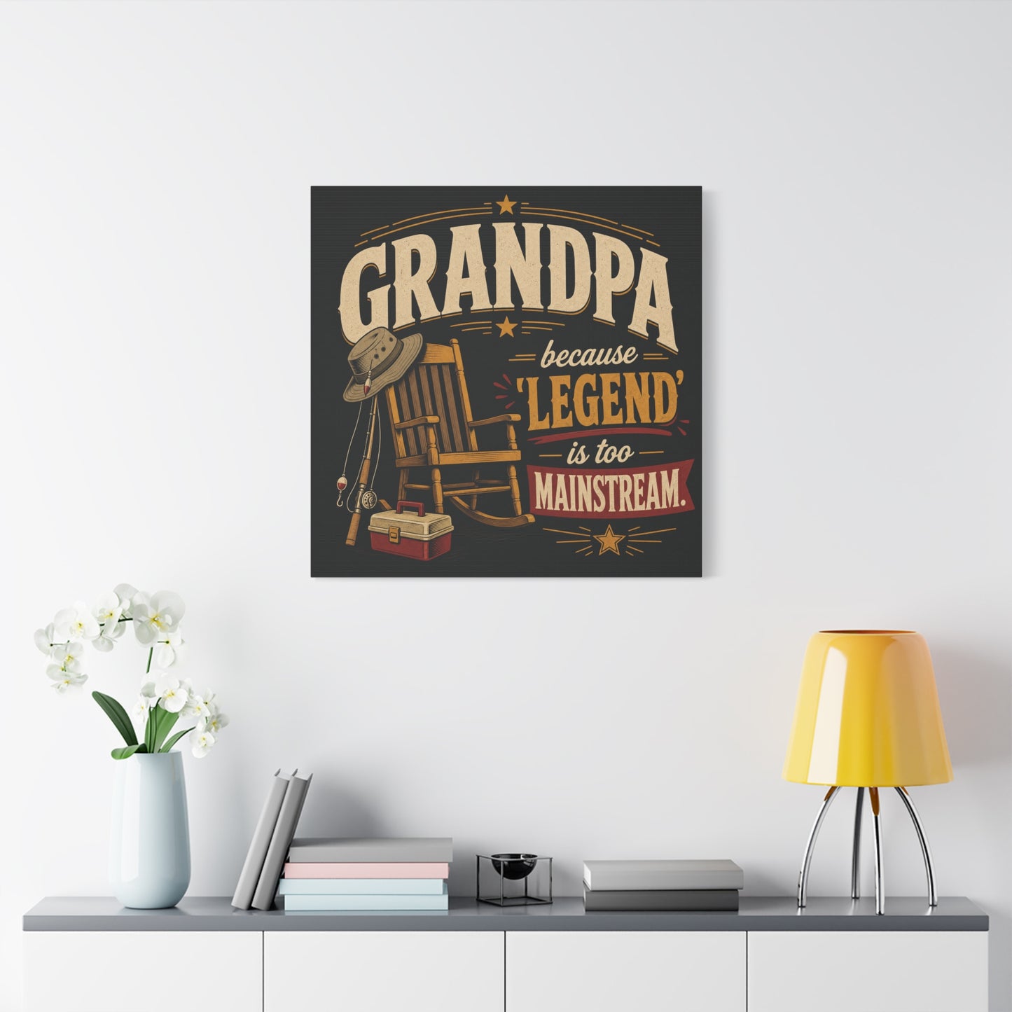 "Grandpa Because 'Legend' Is Too Mainstream" Canvas Wall Art - Vintage Fishing Rocking Chair Print - Rustic Typography Decor - Living Room Wall Decor - Ready to Hang - Bedroom Home Decoration