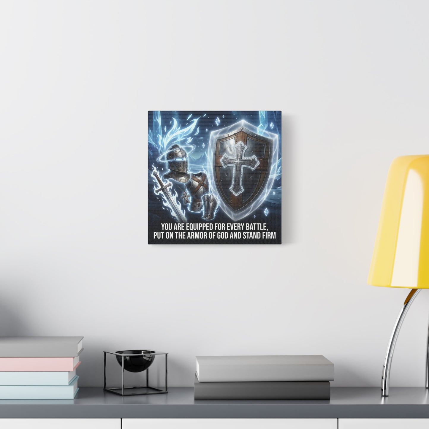 "You Are Equipped For Every Battle, Put On The Armor Of God And Stand Firm" Christian Canvas Wall Art - Knight Armor, Cross Shield, Scripture Decor - Blue Fantasy Style - Living Room - Office Wall Art