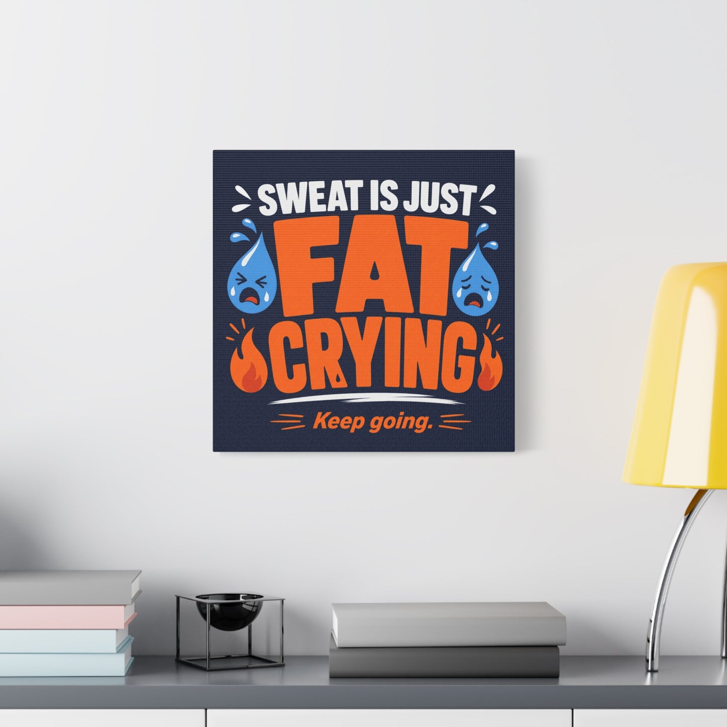 "Sweat Is Just Fat Crying Keep Going" Typography Canvas Wall Art - Funny Gym Motivation Quote Print, Navy Orange Blue Workout Decor - Modern Home Office Wall Decor - Ready to Hang - Ready to Hang