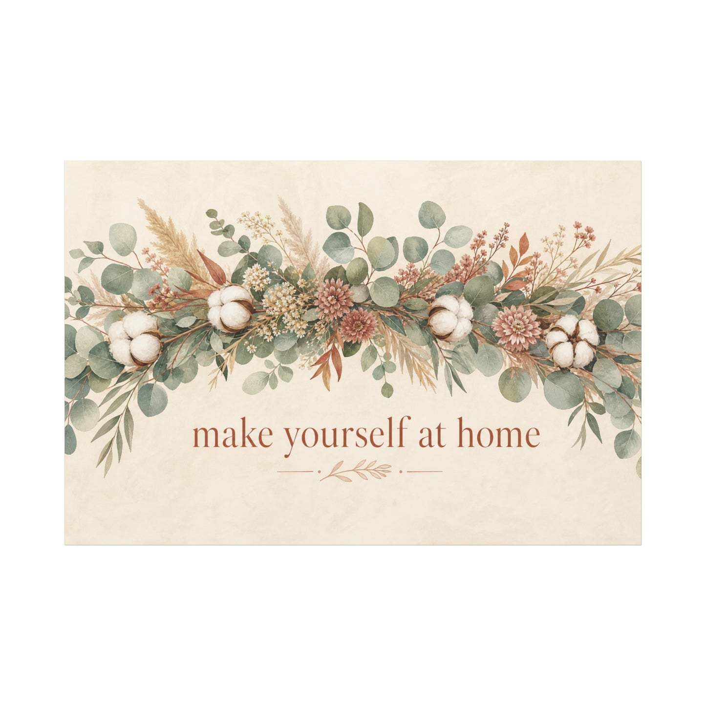 "Make Yourself At Home" Botanical Canvas Wall Art - Eucalyptus Cotton Stem Floral Quote Print - Rustic Farmhouse Style - Living Room Wall Decor - Modern Farmhouse Style - Bedroom Home Decoration