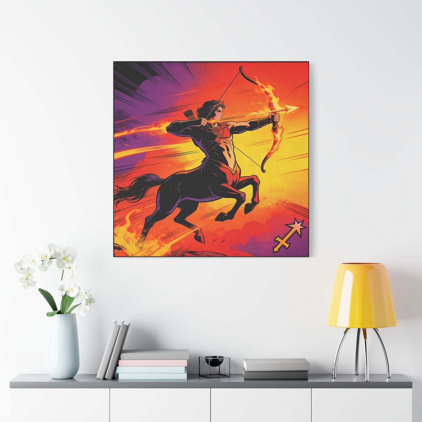 Sagittarius Centaur Archer Canvas Wall Art - Fiery Zodiac Illustration, Bold Mythology Decor - Matte Canvas Print, Modern Pop Art Style - Bedroom Home Decoration, Office Wall Decor - Ready to Hang