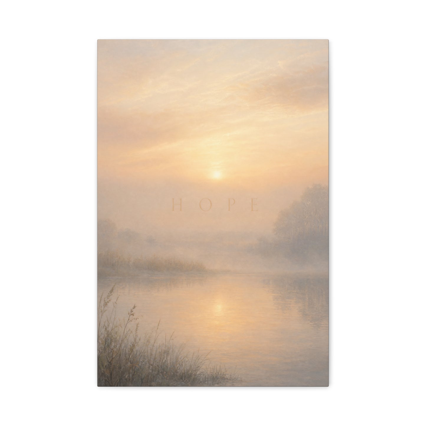 "Hope" Misty Sunrise Lake Canvas Wall Art - Serene Landscape Print, Inspirational Bedroom Wall Decor, Soft Neutral Home Decoration, Contemporary Meditation Space Accent - Bedroom Home Decoration