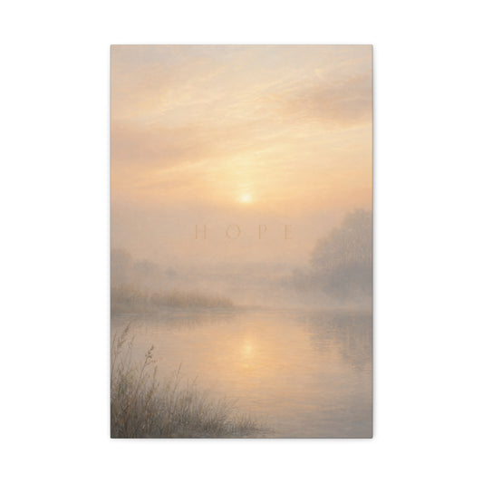 "Hope" Misty Sunrise Lake Canvas Wall Art - Serene Landscape Print, Inspirational Bedroom Wall Decor, Soft Neutral Home Decoration, Contemporary Meditation Space Accent - Bedroom Home Decoration