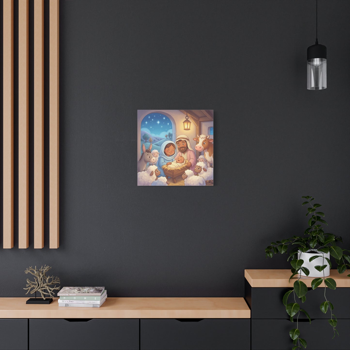 Holy Family Nativity Canvas Wall Art - Baby Jesus, Mary And Joseph Nursery Decor - Starry Stable Christian Home Decoration - Matte Canvas Print For Bedroom, Living Room - Ready to Hang - Ready to Hang