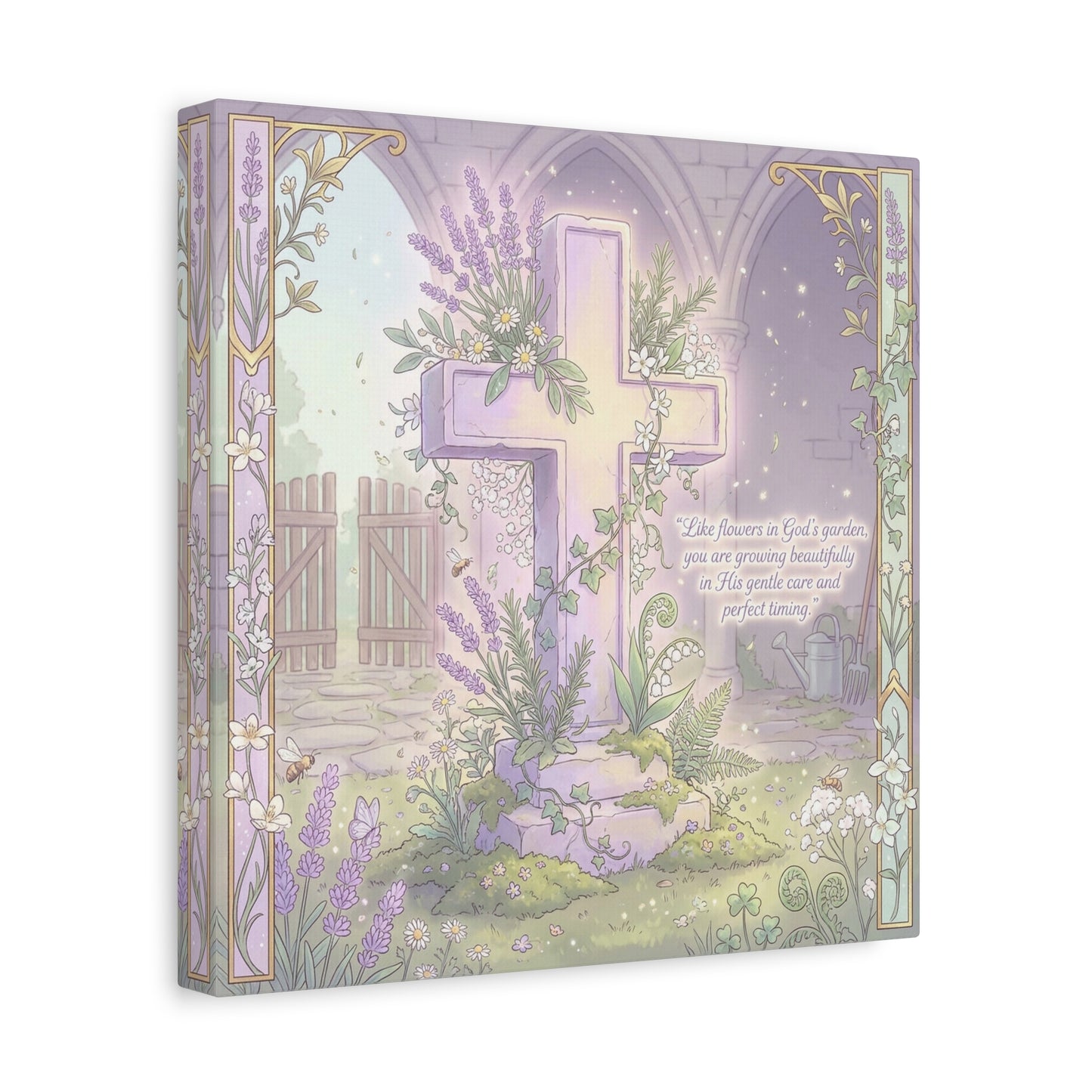 "Like Flowers In God's Garden, You Are Growing Beautifully" Christian Canvas Wall Art - Floral Cross Scripture Decor - Lavender Garden Illustration - Bedroom Home Decoration, Living Room Accent
