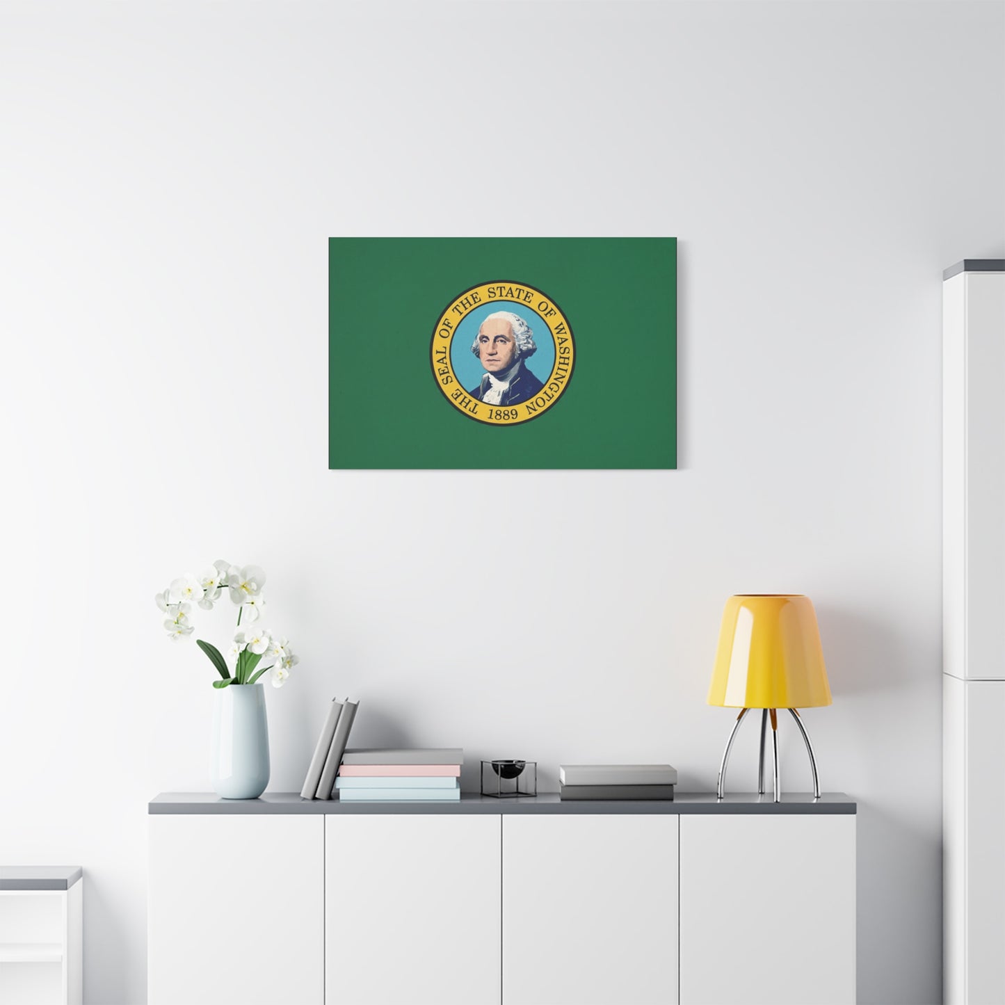 "THE SEAL OF THE STATE OF WASHINGTON 1889" Flag Canvas Wall Art - George Washington State Pride Decor - Green Gold Historic Print - Living Room Home Decoration, Office Wall Accent - Ready to Hang