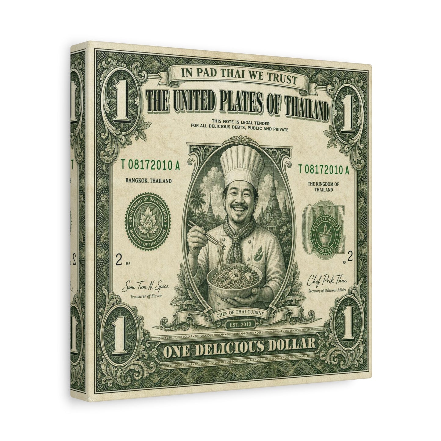 "In Pad Thai We Trust" Typography Canvas Wall Art - Vintage Thai Currency Illustration, Chef Portrait, Bangkok Thailand Food Poster Style - Kitchen Wall Decor, Dining Room Accent - Ready to Hang