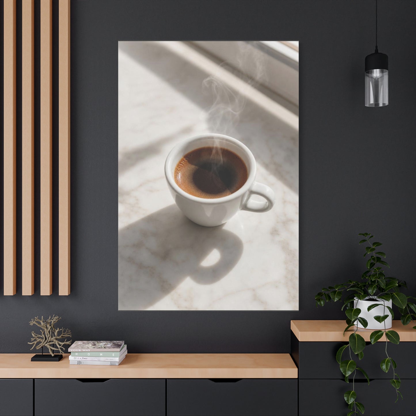Steaming Espresso Coffee Cup Canvas Wall Art - Minimalist Sunlit Art Print, Matte Cotton Print - Contemporary Kitchen Decor, Dining Room Accent, Cafe Wall Decor, Office Art - Bedroom Home Decoration
