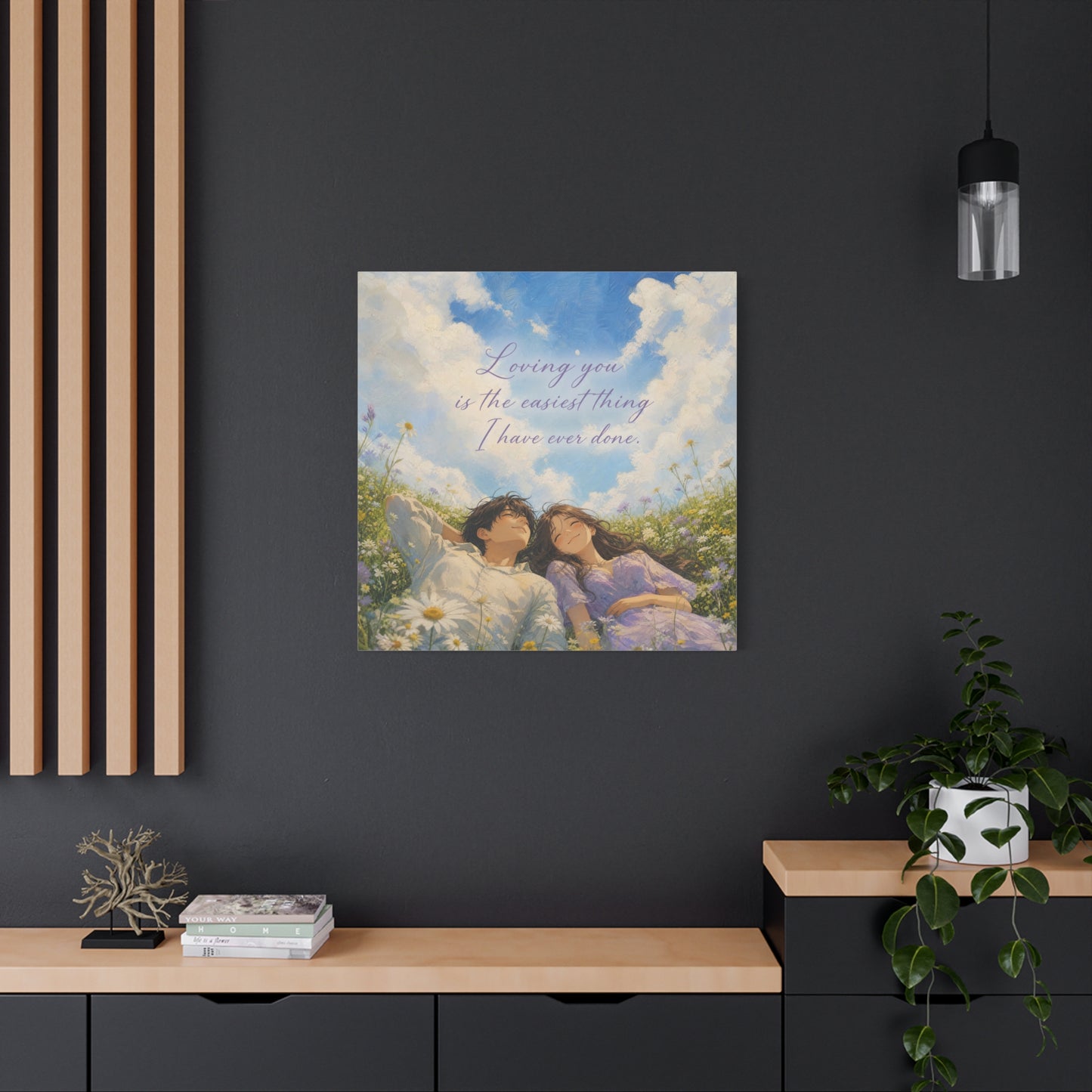 "Loving You Is The Easiest Thing I Have Ever Done." Canvas Wall Art - Romantic Couple In Wildflower Meadow Sky Quote Print - Dreamy Pastel Illustration - Ready to Hang - Living Room Wall Decor