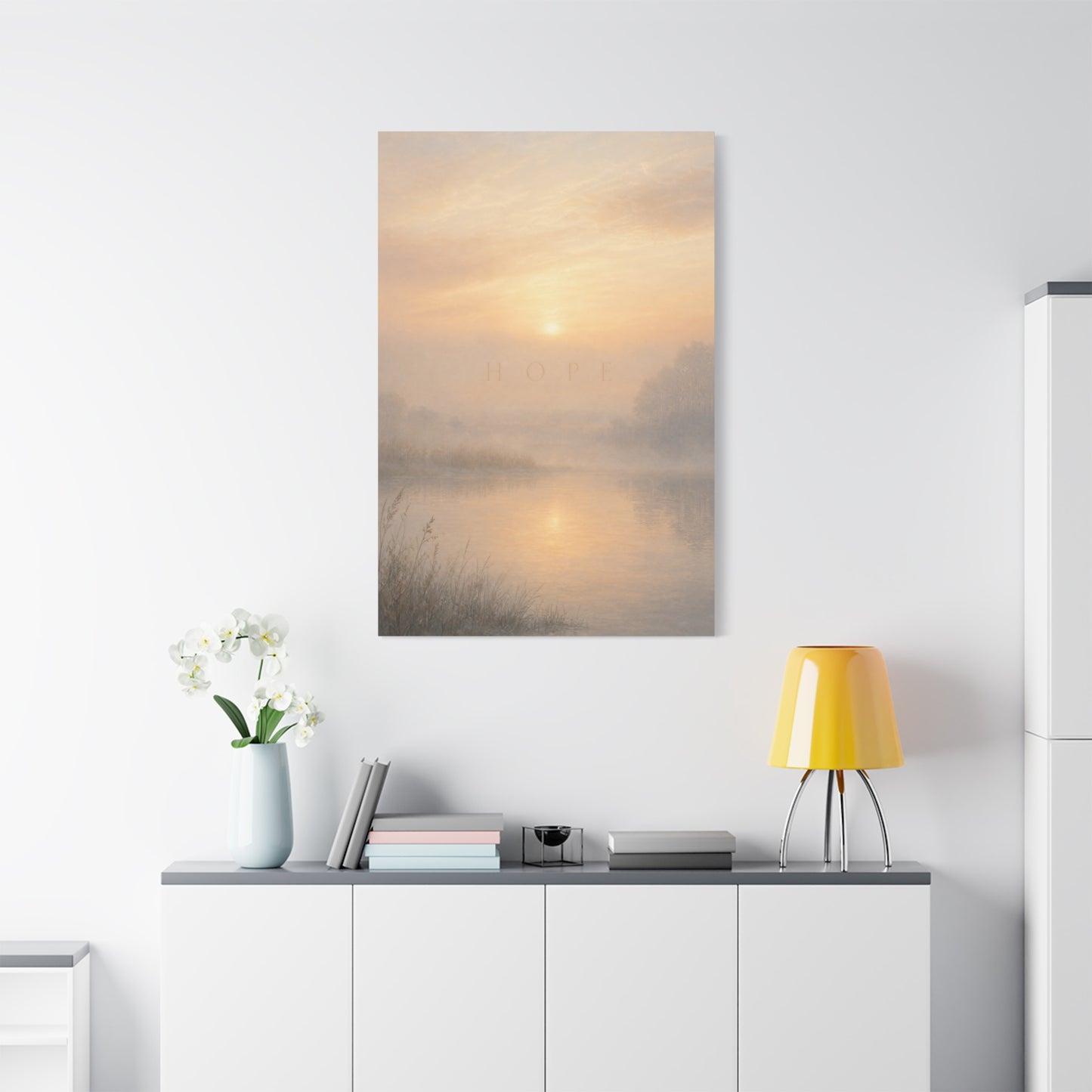 "Hope" Misty Sunrise Lake Canvas Wall Art - Serene Landscape Print, Inspirational Bedroom Wall Decor, Soft Neutral Home Decoration, Contemporary Meditation Space Accent - Bedroom Home Decoration