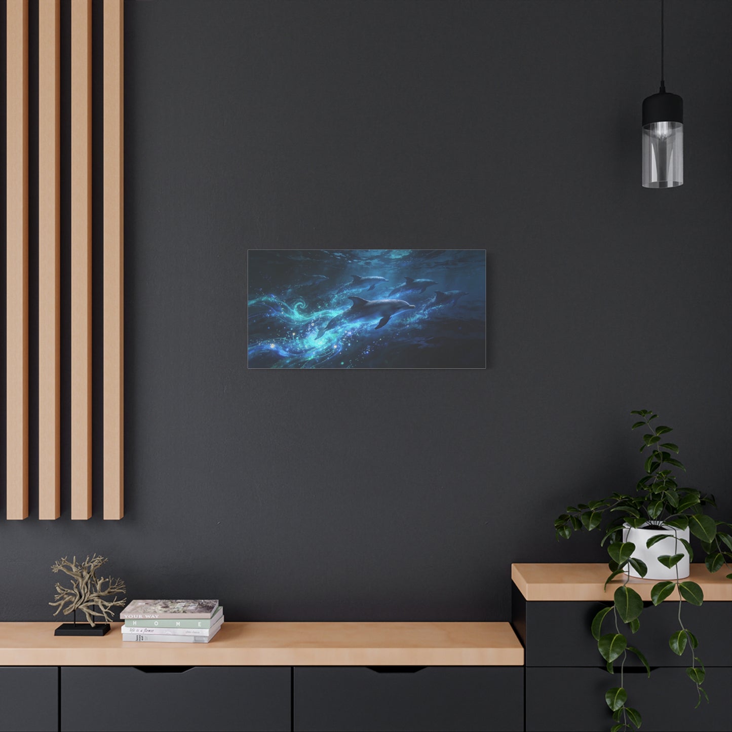 Dolphin Pod Canvas Wall Art - Glowing Underwater Ocean Scene, Blue Fantasy Marine Print - Matte Cotton Artwork - Coastal Style Living Room Wall Decor, Bedroom Home Decoration - Bedroom Home Decoration