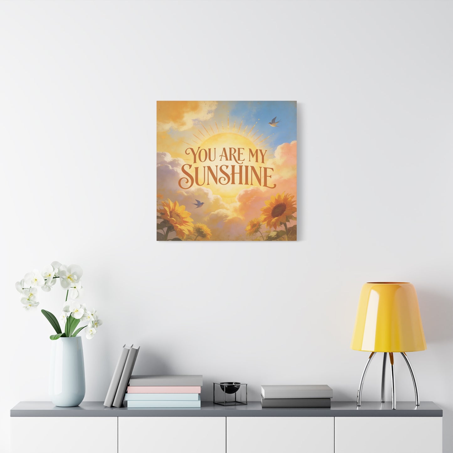 "You Are My Sunshine" Sunflower Canvas Wall Art - Vintage Typography Sky, Birds - Inspirational Farmhouse Style - Living Room Wall Decor, Bedroom Home Decoration, Office Art Accent - Ready to Hang