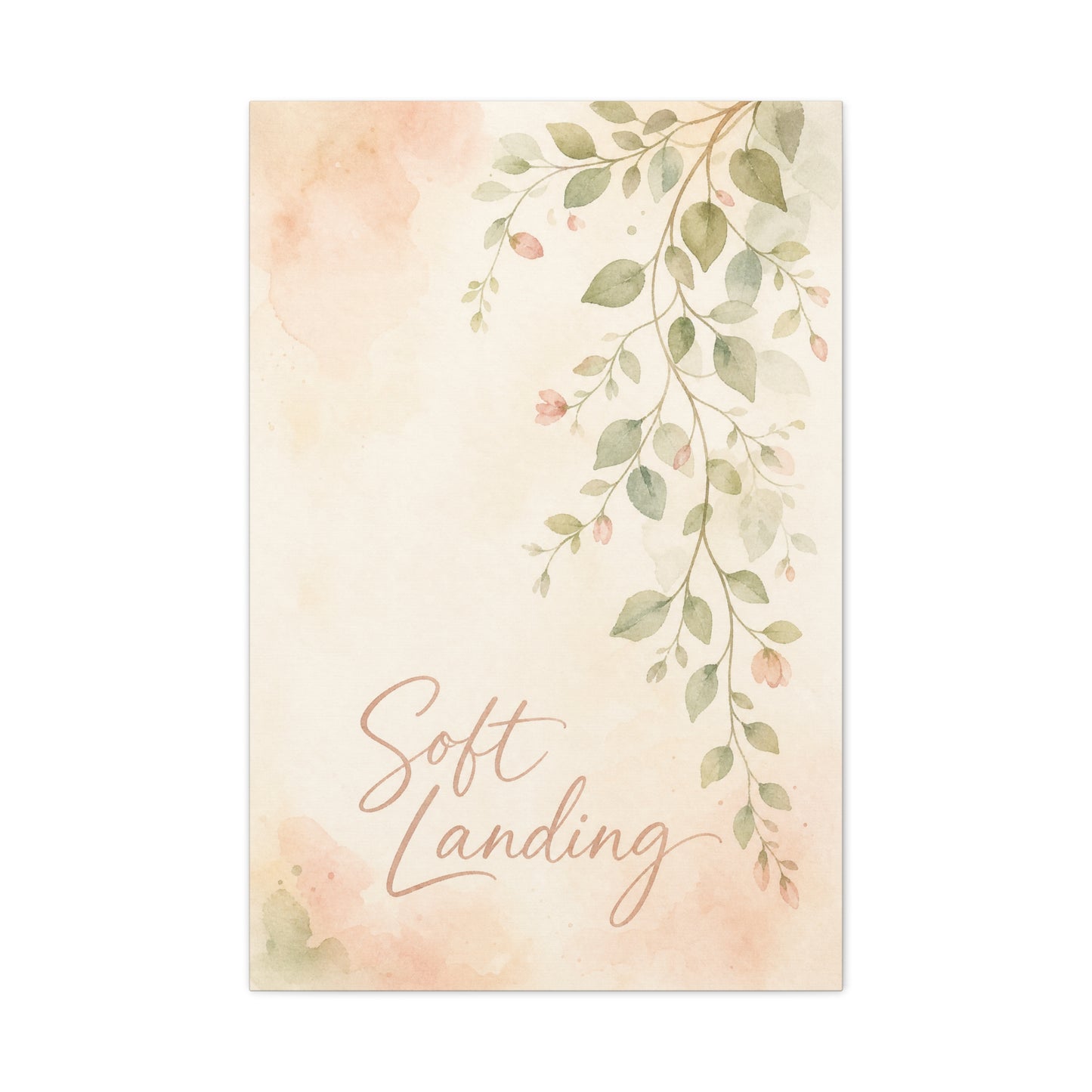 "Soft Landing" Botanical Canvas Wall Art - Watercolor Leaf Branch Quote Print - Blush Sage Floral Typography Decor - Bedroom Wall Hanging - Bedroom Home Decoration - Modern Farmhouse Style