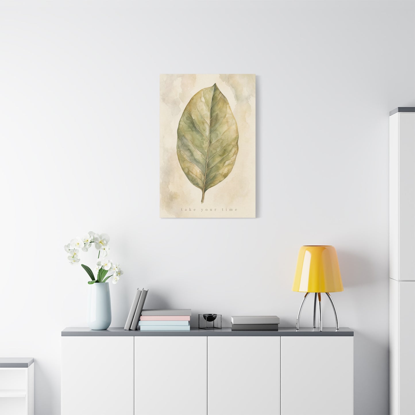 "Take Your Time" Botanical Leaf Canvas Wall Art - Watercolor Sage Green Nature Print - Minimalist Contemporary Decor - Bedroom Living Room Wall Decor - Calming Home Decoration - Modern Farmhouse Style