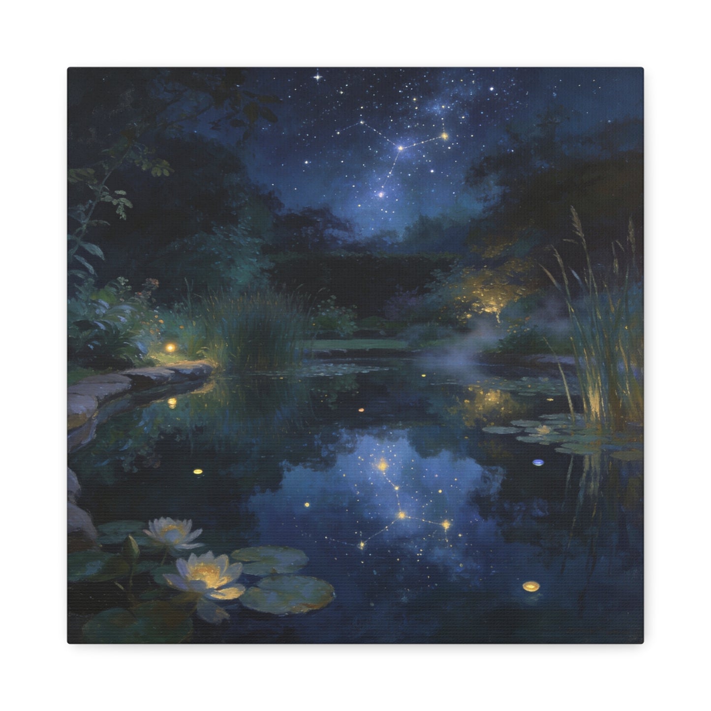 Starry Night Pond Canvas Wall Art - Moonlit Water Lilies, Celestial Reflection Landscape - Dreamy Matte Canvas Print - Traditional Nightscape Style - Living Room Wall Decor Bedroom Home Accent