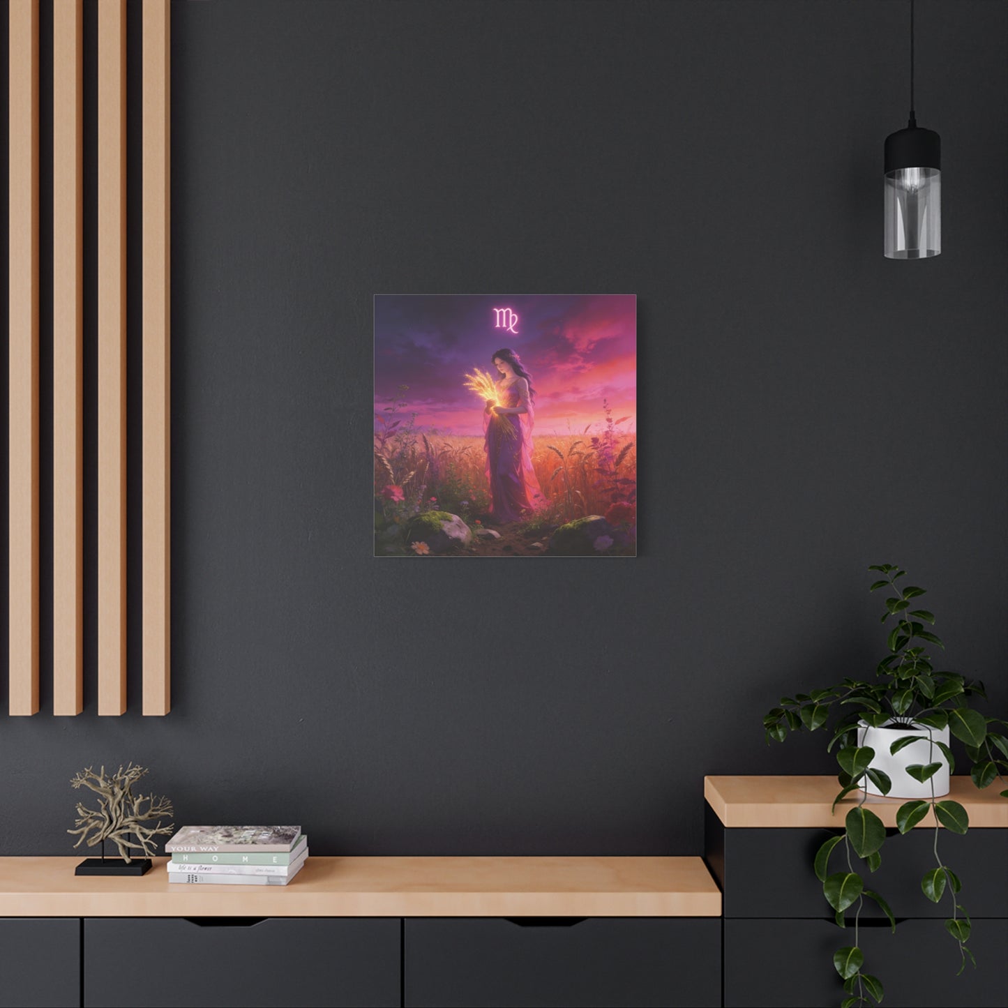 Virgo Zodiac Canvas Wall Art - Maiden Holding Glowing Wheat, Purple Twilight Field - Fantasy Illustration, Matte Canvas Print - Bedroom Wall Decor, Meditation Space Accent - Bedroom Home Decoration