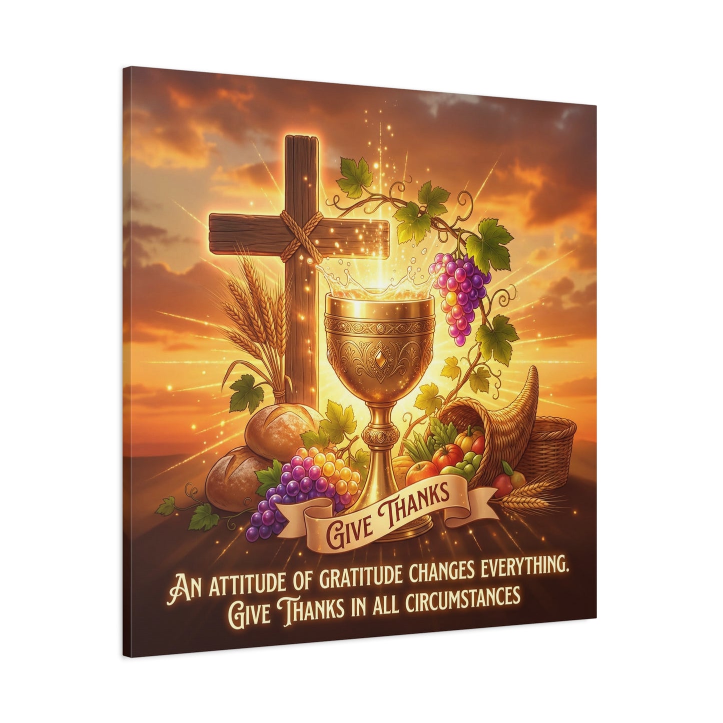 "Give Thanks" Christian Canvas Wall Art - Cross, Communion Chalice, Grapes, Bread - Gratitude Scripture Decor, Matte Cotton Print - Ready to Hang