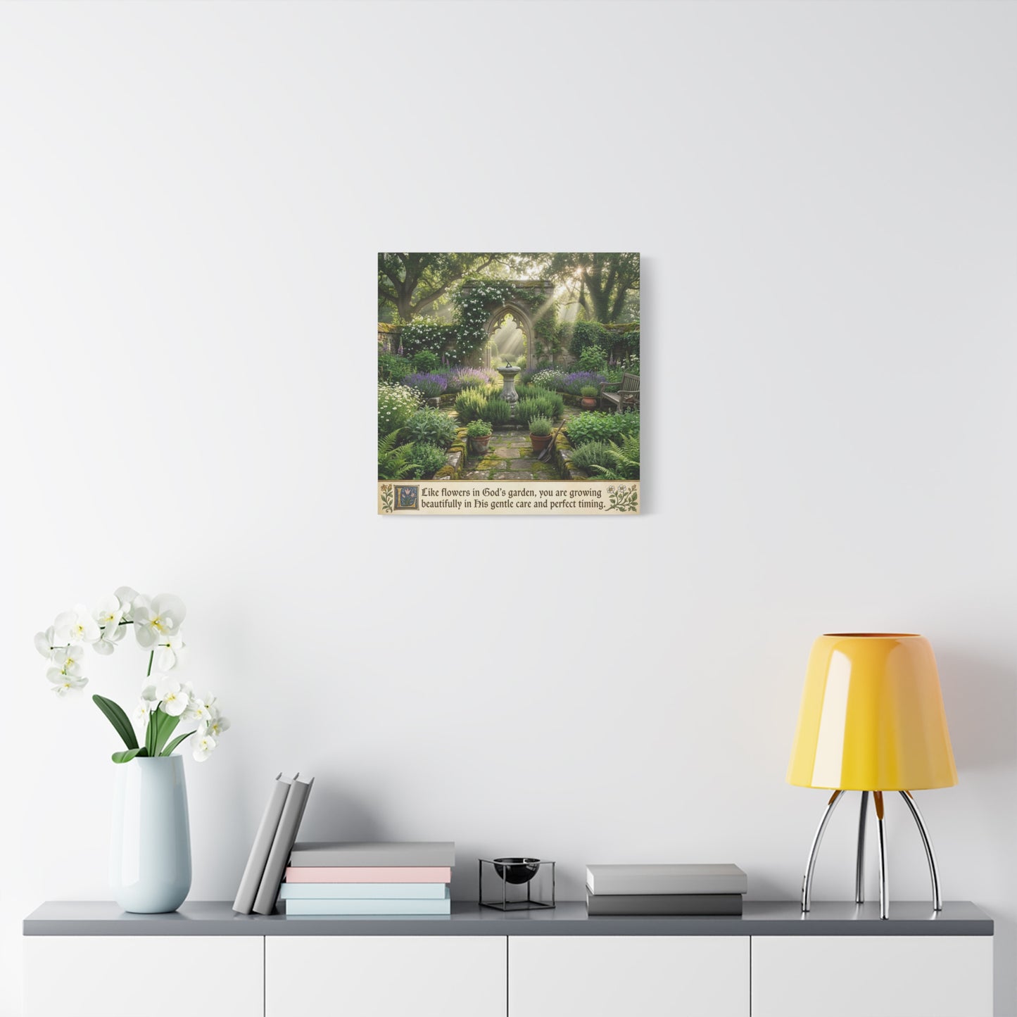 "Like Flowers In God's Garden, You Are Growing Beautifully In His Gentle Care And Divine Timing" Canvas Wall Art - Sunlit Garden Arch, Botanical Landscape Print - Living Room Decor - Office Wall Art