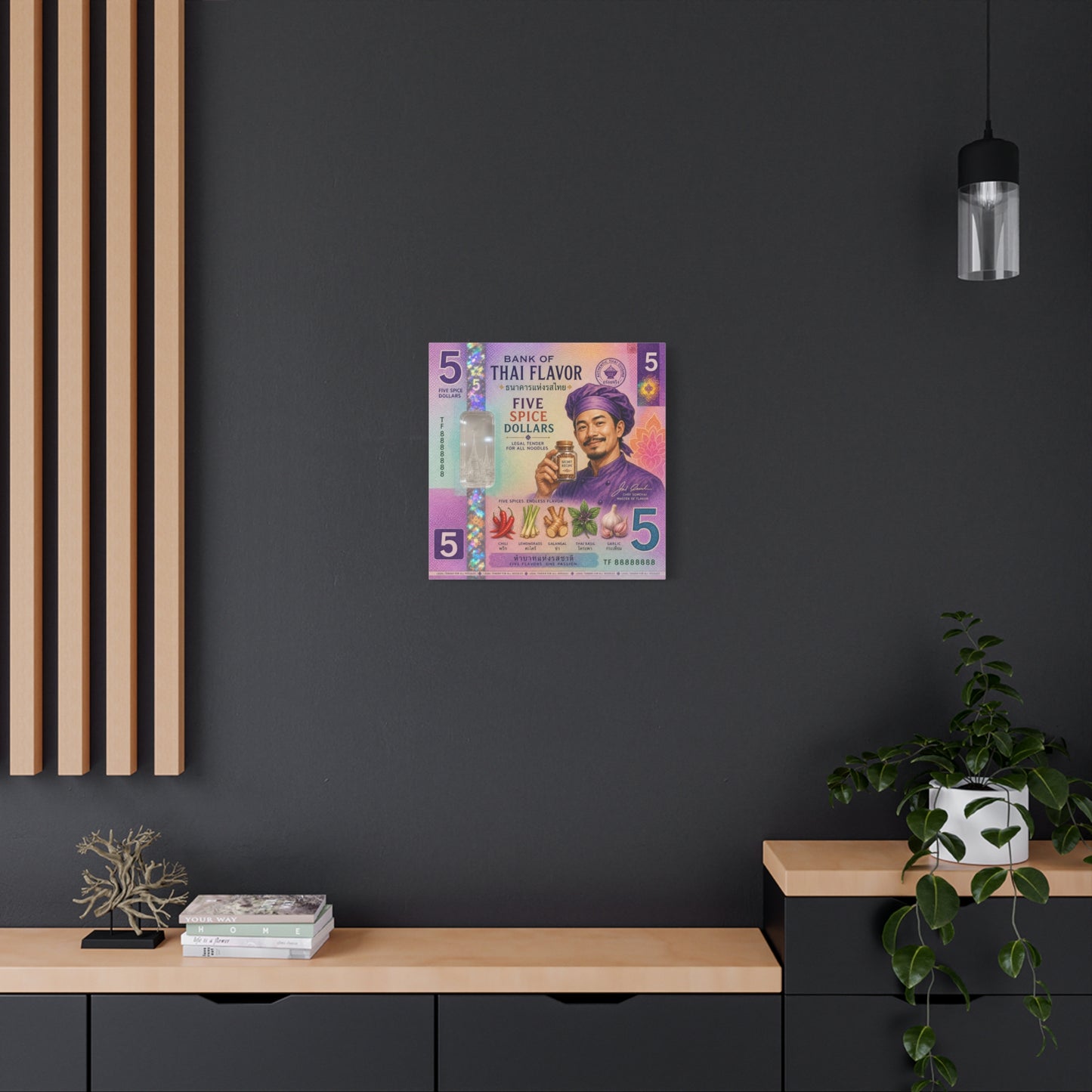 "Bank Of Thai Flavor" Thai Chef Canvas Wall Art - Five Spice Dollars Food Illustration, Colorful Typography Print, Eclectic Kitchen Decor, Cafe Wall Decor, Restaurant Wall Accent - Ready to Hang