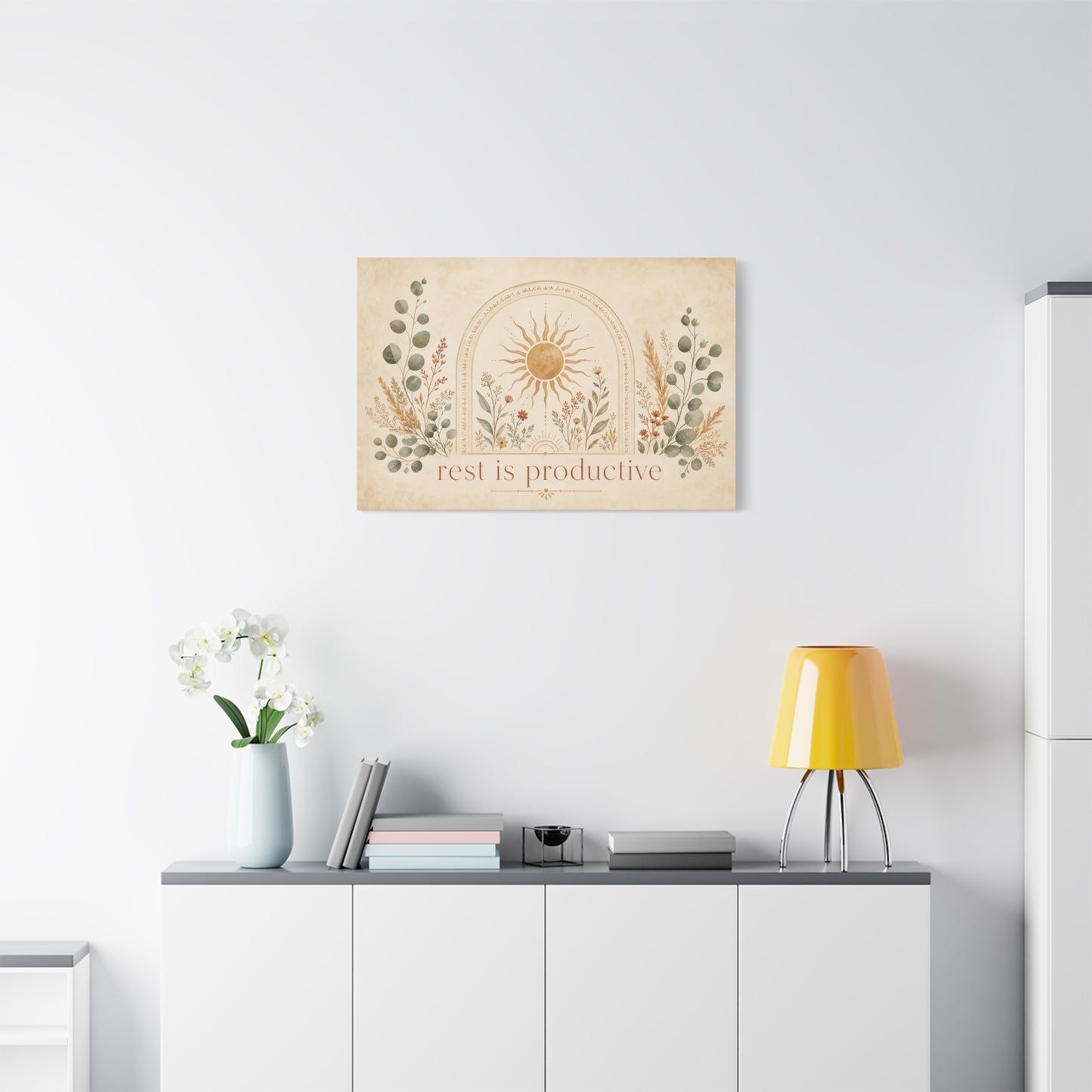 "Rest Is Productive" Inspirational Canvas Wall Art - Boho Sun And Botanical Arch Print - Neutral Typography Decor - Bedroom Living Room Decoration - Office Wall Art - Bedroom Home Decoration