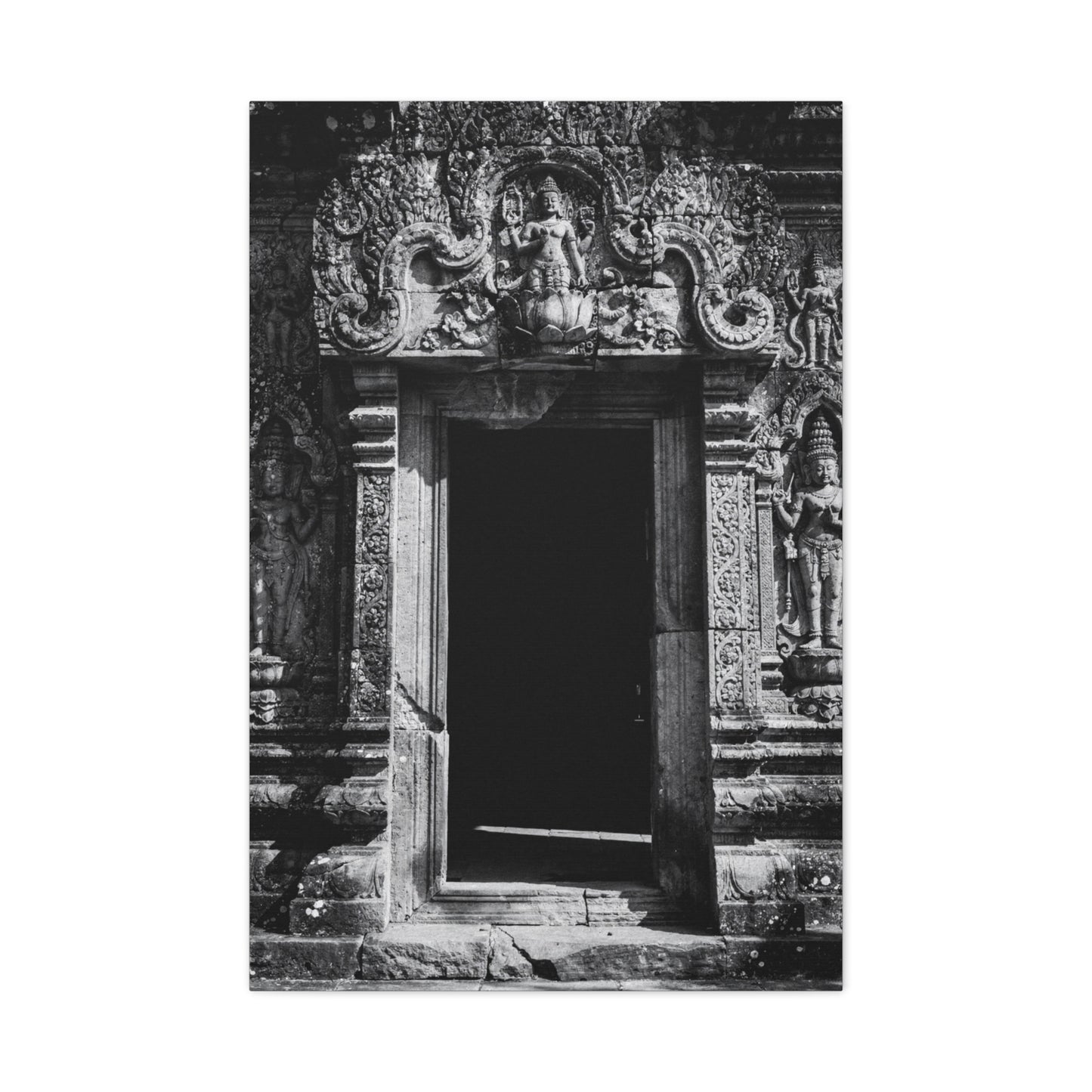 Buddhist Temple Doorway Canvas Wall Art - Black And White Stone Carving, Religious Architecture Print, Traditional Monochrome Decor - Living Room Wall Decor, Office Art - Bedroom Home Decoration