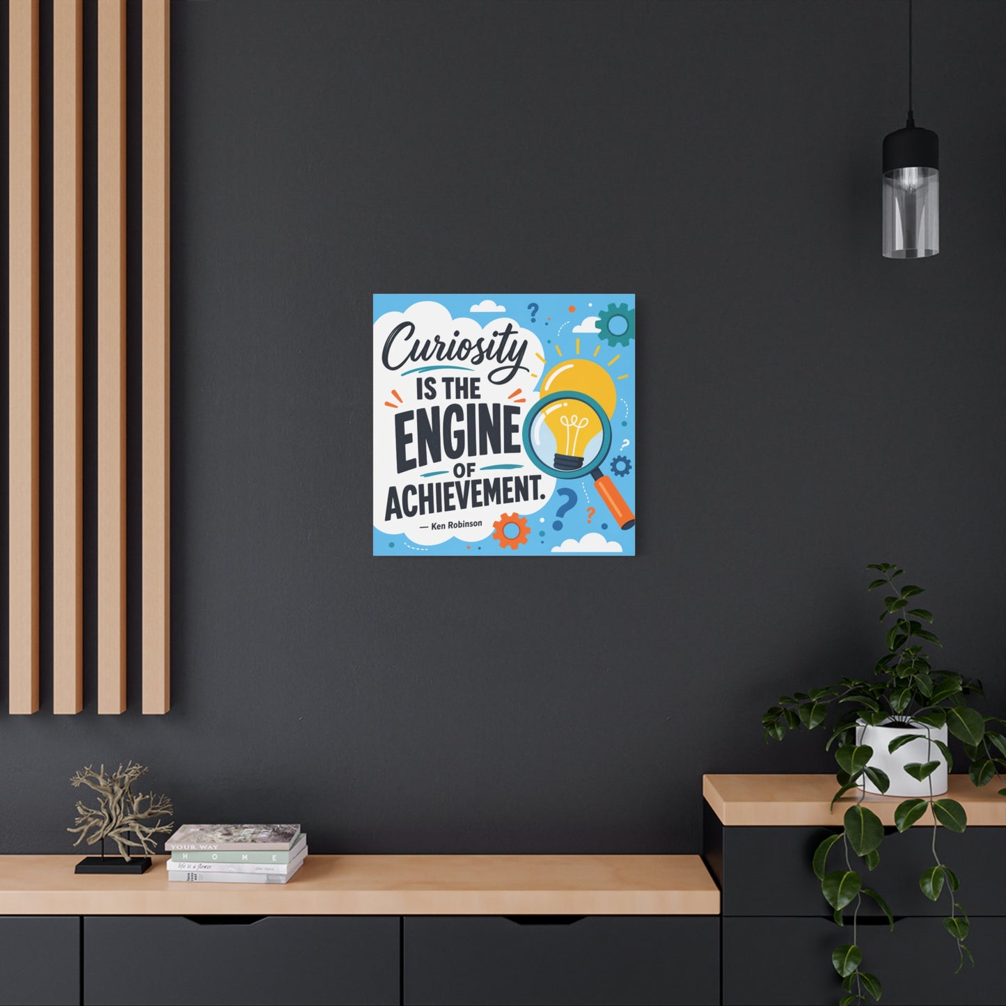 "Curiosity Is The Engine Of Achievement." Quote Canvas Wall Art - Classroom Inspirational Decor, Light Bulb Learning Poster, Teacher Office Wall Hanging, Kids Study Room Decoration - Ready to Hang