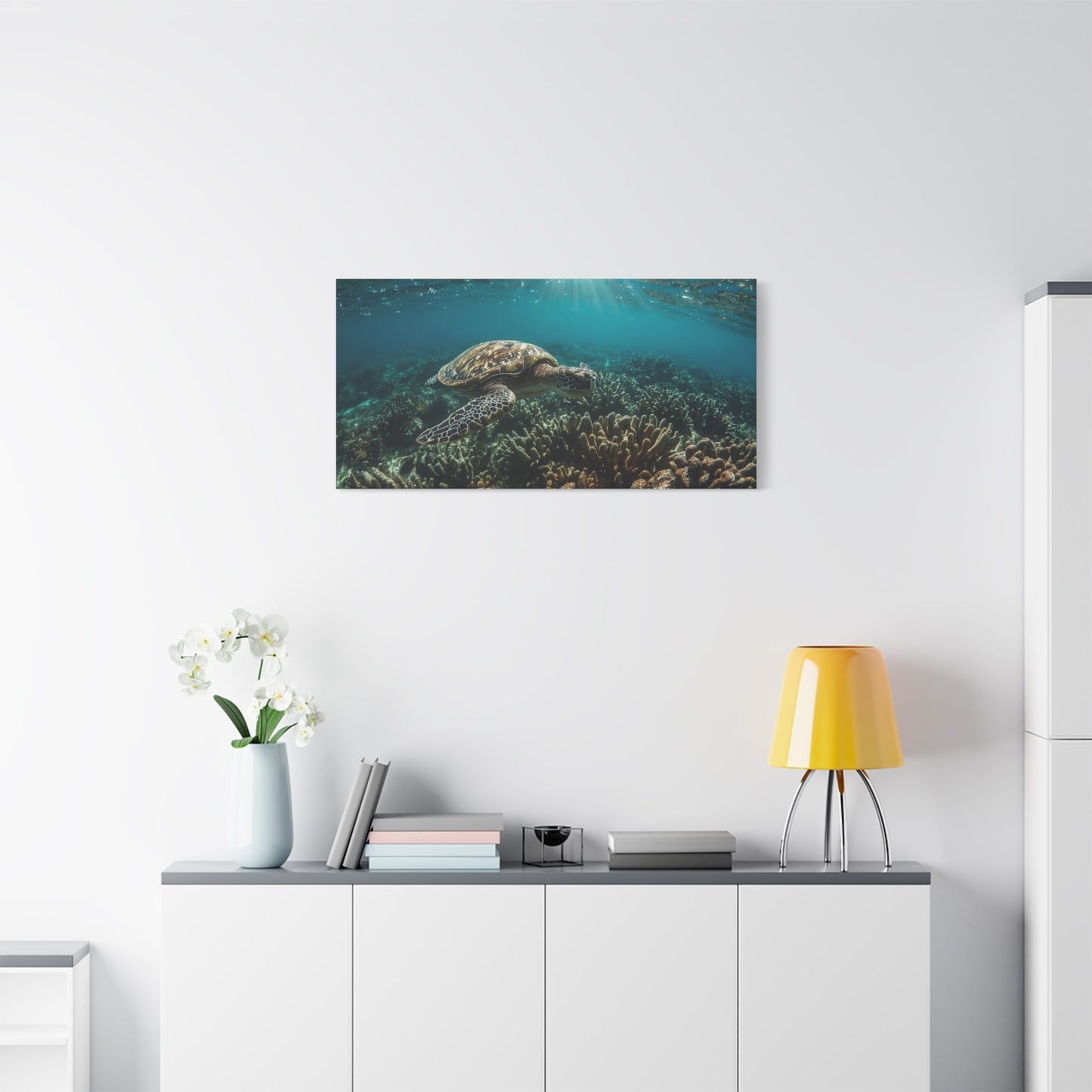 Sea Turtle Canvas Wall Art - Underwater Ocean Reef Art Print, Sunlit Blue Seascape, Coastal Wall Decor, Matte Finish Canvas Print, Living Room Decoration, Bedroom Home Accent - Ready to Hang