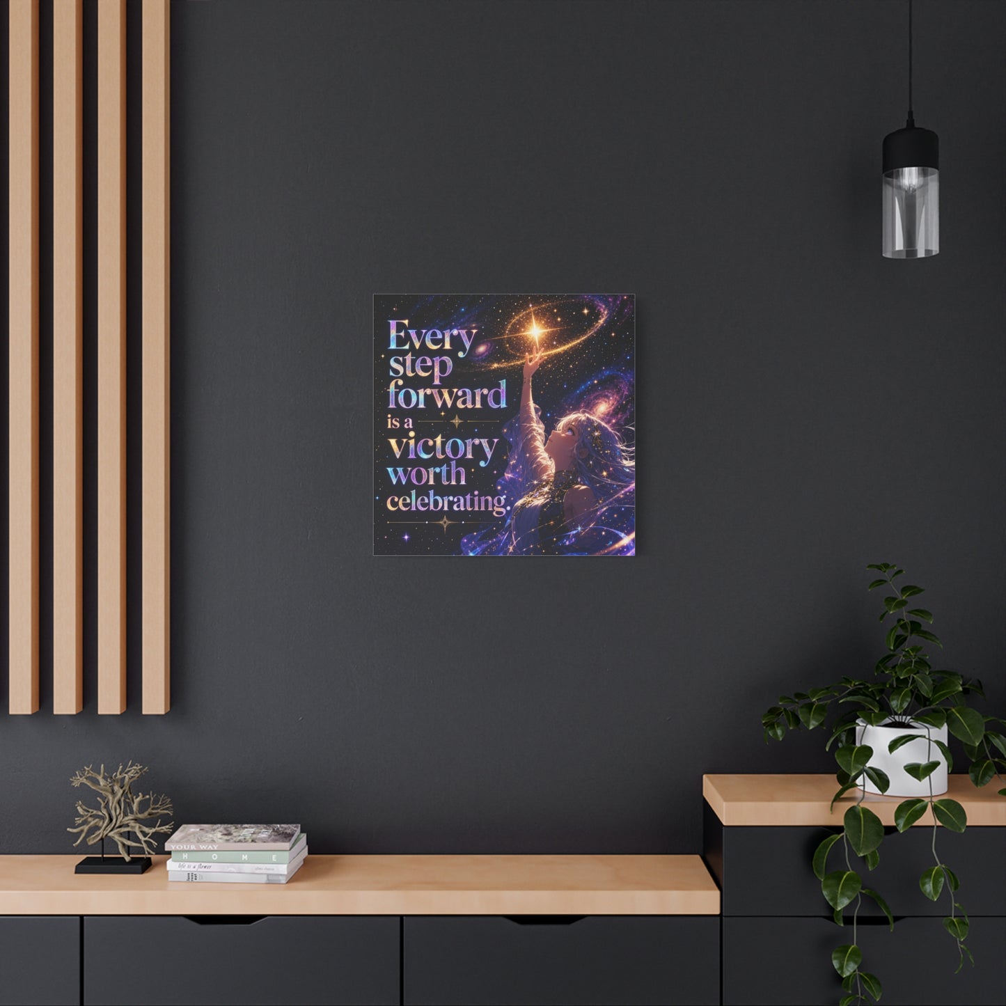 "Every Step Forward Is A Victory Worth Celebrating" Inspirational Canvas Wall Art - Cosmic Anime Girl Galaxy Quote Print - Celestial Purple Blue Decor - Bedroom Home Decoration - Office Wall Art