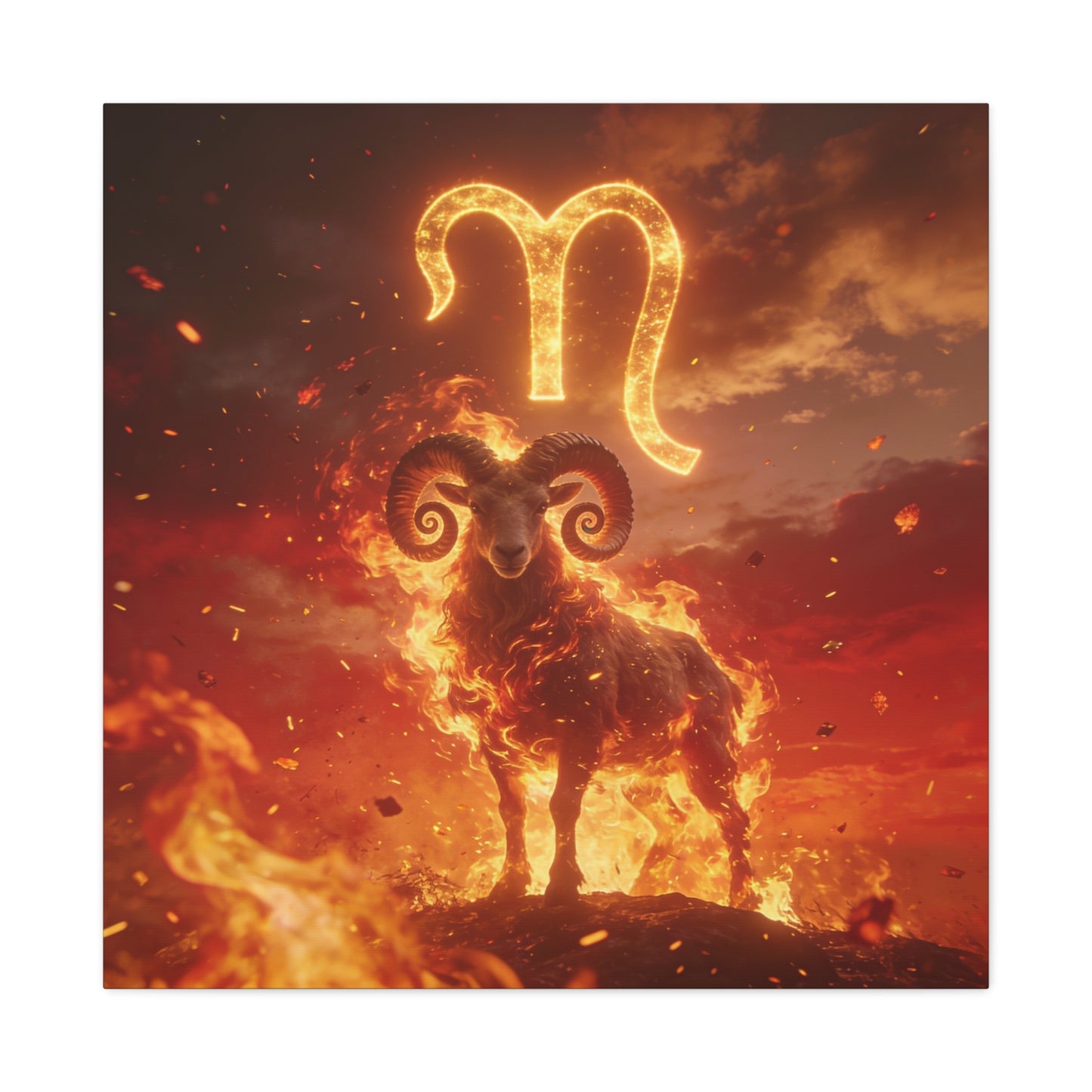 Aries Ram Canvas Wall Art - Fiery Zodiac Symbol Astrology Print, Glowing Horned Sheep Illustration - Matte Canvas Decor - Bedroom Home Decoration, Office Wall Art - Bedroom Home Decoration