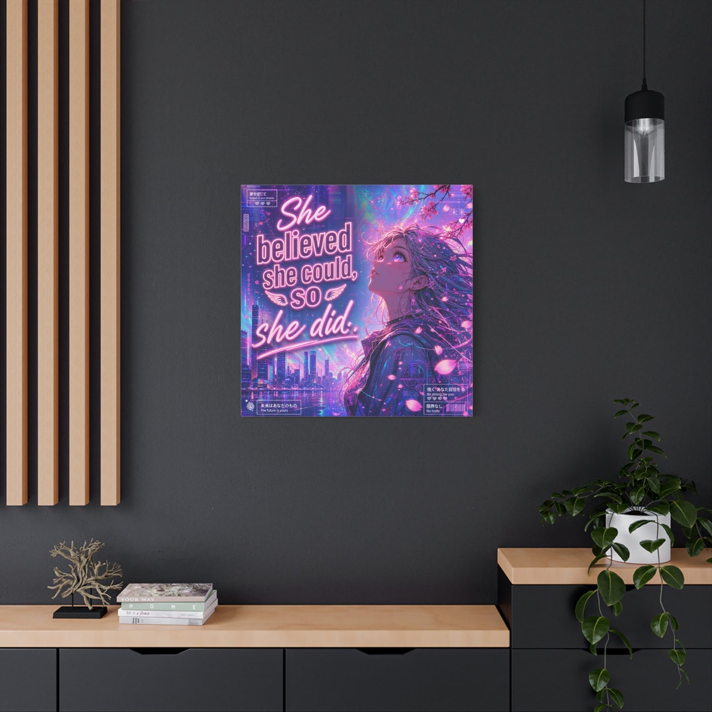 "She Believed She Could, So She Did" Anime Girl Canvas Wall Art - Neon Sakura Cityscape, Inspirational Typography Print - Contemporary Bedroom Wall Decor, Teenager Room Decor - Bedroom Home Decoration