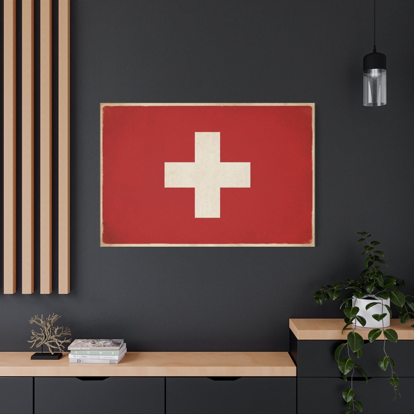 Swiss Flag Canvas Wall Art - Vintage Red White Cross Print, Patriotic Minimalist Decor - Rustic Travel Style - Living Room Wall Decor, Office Art - Bedroom Home Decoration - Bedroom Home Decoration