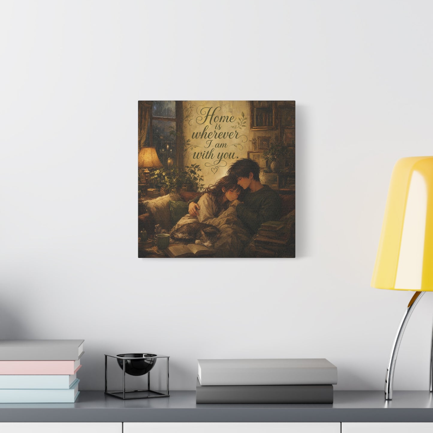"Home Is Wherever I Am With You." Couple Canvas Wall Art - Romantic Cozy Reading Nook Quote Print - Vintage Warm Lamplight Style - Living Room Wall Decor, Bedroom Home Decoration - Ready to Hang