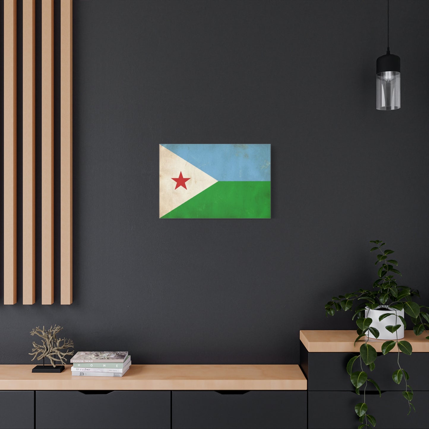 Djibouti Flag Canvas Wall Art - Vintage National Banner Print, Patriotic Home Decor - Distressed Blue Green White Red Star Design - Living Room Decoration - Living Room Wall Decor - Ready to Hang