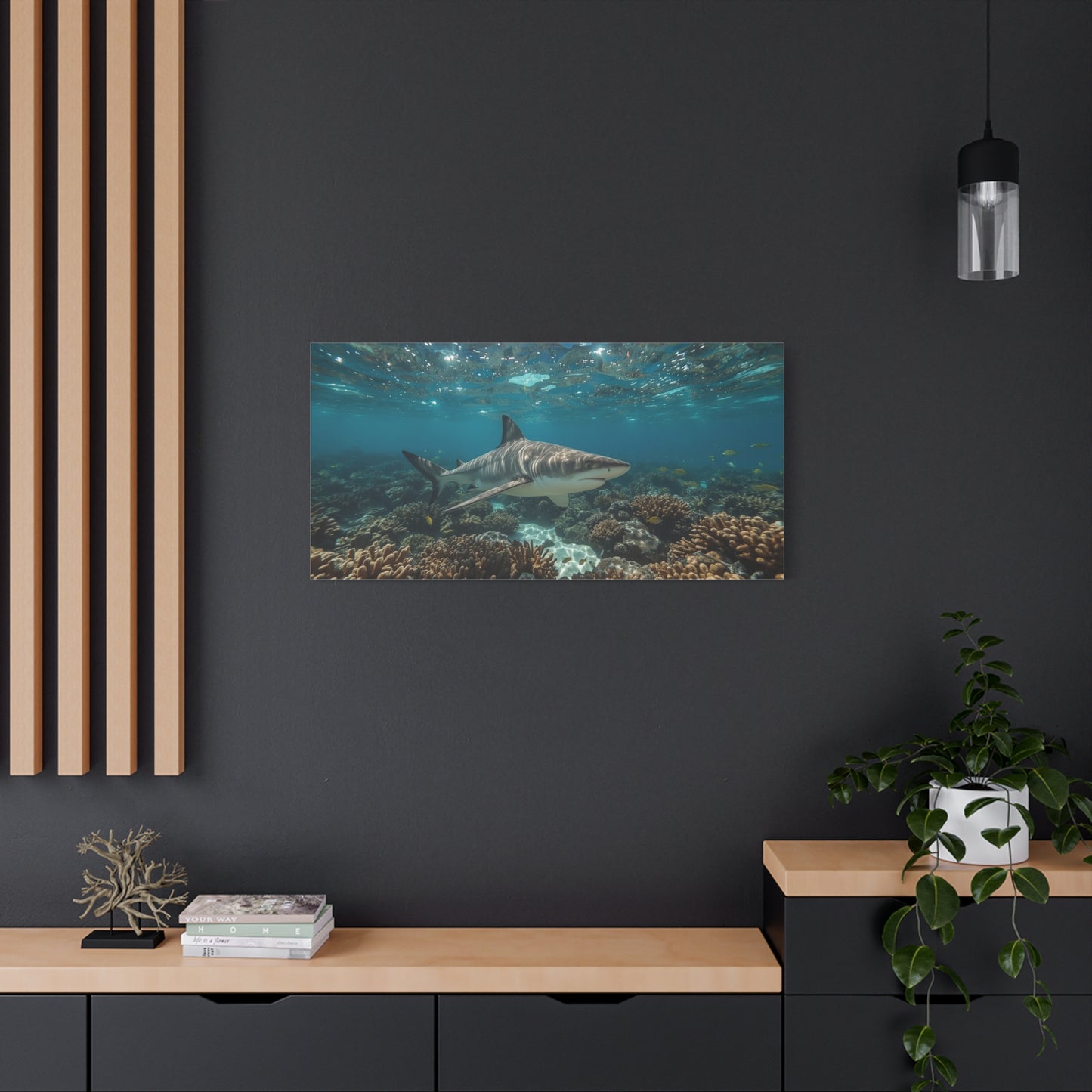 Tiger Shark Canvas Wall Art - Underwater Coral Reef Ocean Art Print, Blue Coastal Wall Decor - Matte Canvas Seascape - Living Room Home Decoration, Office Art - Bedroom Home Decoration