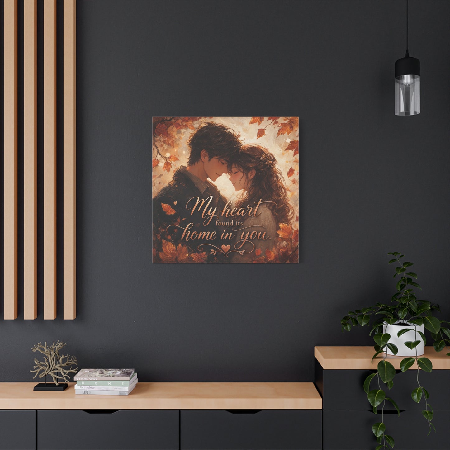 "My Heart Found Its Home In You" Romantic Couple Canvas Wall Art - Autumn Leaves Love Quote Print, Warm Rustic Traditional Style - Bedroom Wall Decor - Ready to Hang - Bedroom Home Decoration