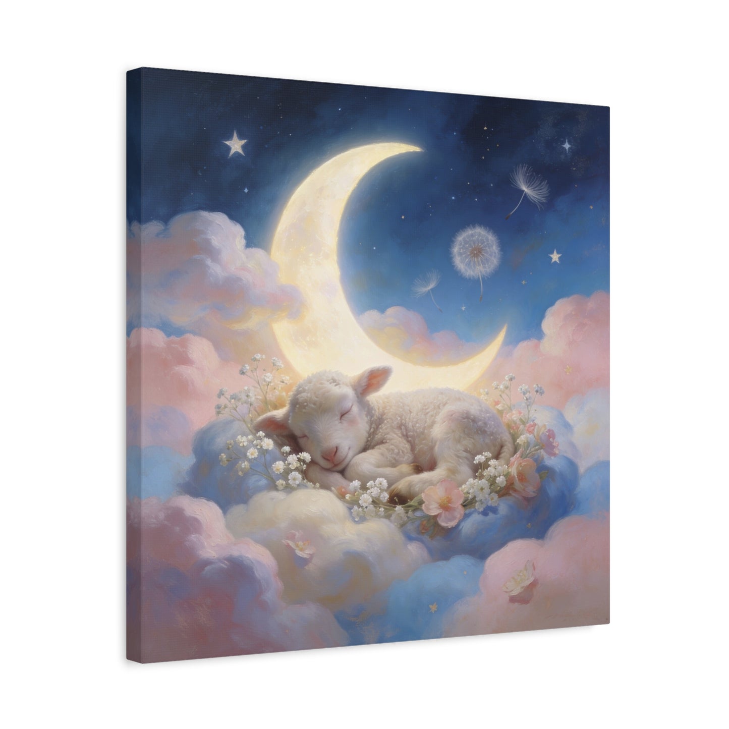 Sleeping Lamb Canvas Wall Art - Crescent Moon, Stars, Pink Clouds Nursery Decor - Dreamy Pastel Canvas Print - Whimsical Storybook Style - Bedroom Home Decoration, Kids Room Accent - Office Wall Art