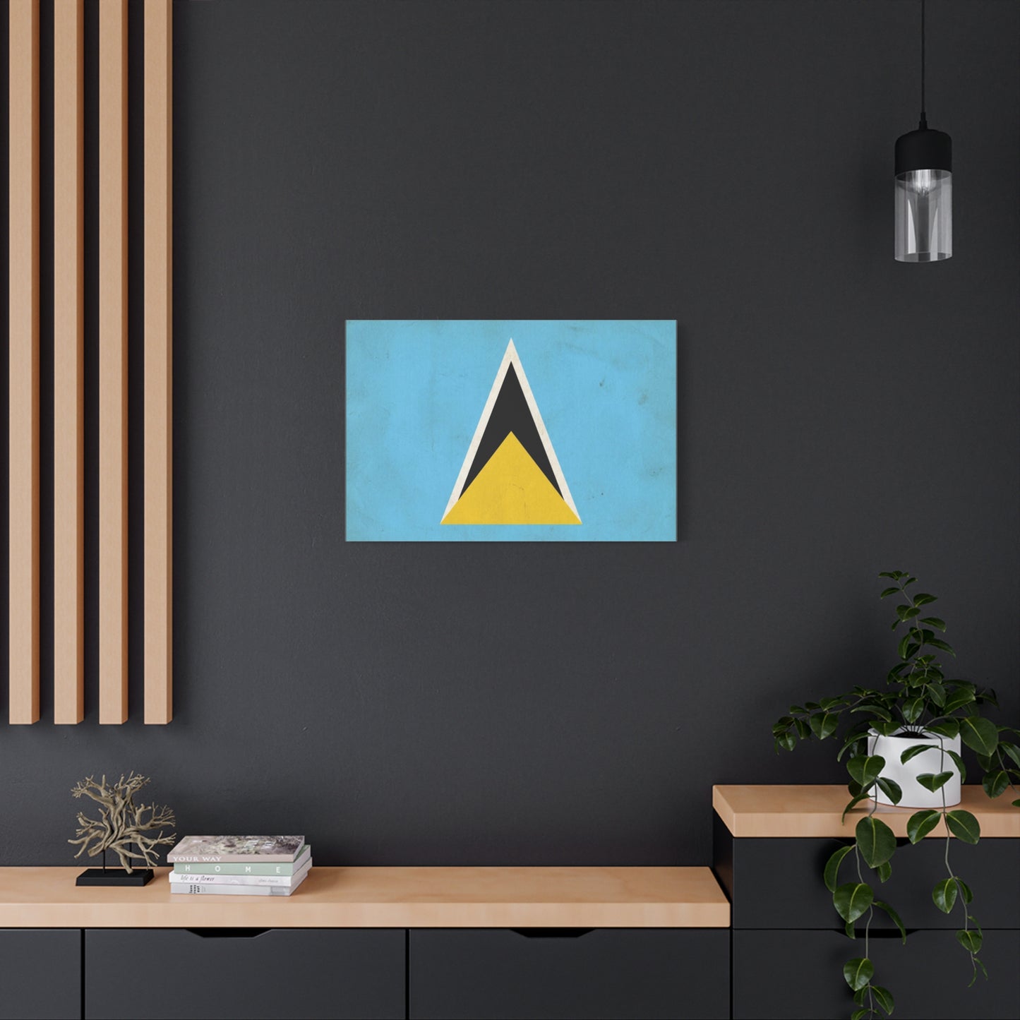 Saint Lucia Flag Canvas Wall Art - Blue Yellow Black Triangle Design, Minimalist Geometric Print - Modern Caribbean Decor - Living Room Wall Decor, Office Art Accent - Bedroom Home Decoration