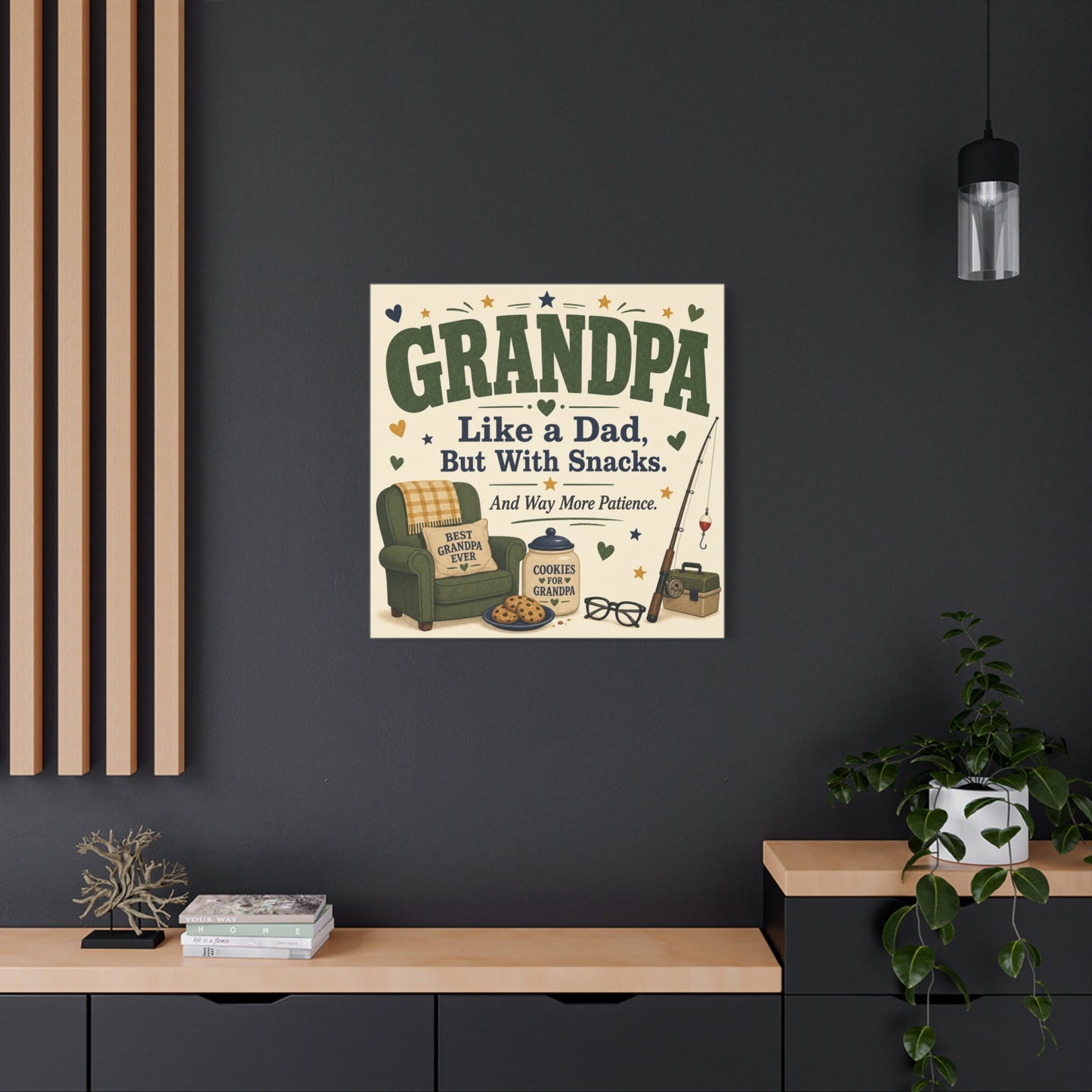"Grandpa Like A Dad, But With Snacks. And Way More Patience." Canvas Wall Art - Rustic Typography Grandpa Quote Print, Farmhouse Living Room Decor - Office Wall Art - Bedroom Home Decoration