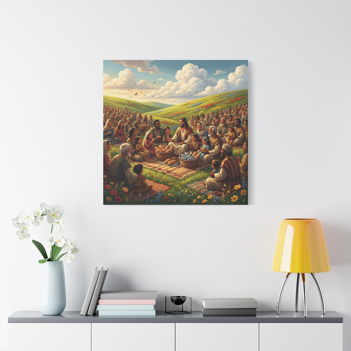 Jesus Feeding The Multitude Canvas Wall Art - Bread And Fish Biblical Scene - Meadow Landscape Christian Home Decor - Matte Cotton Print For Living Room, Bedroom, Office, Meditation Space