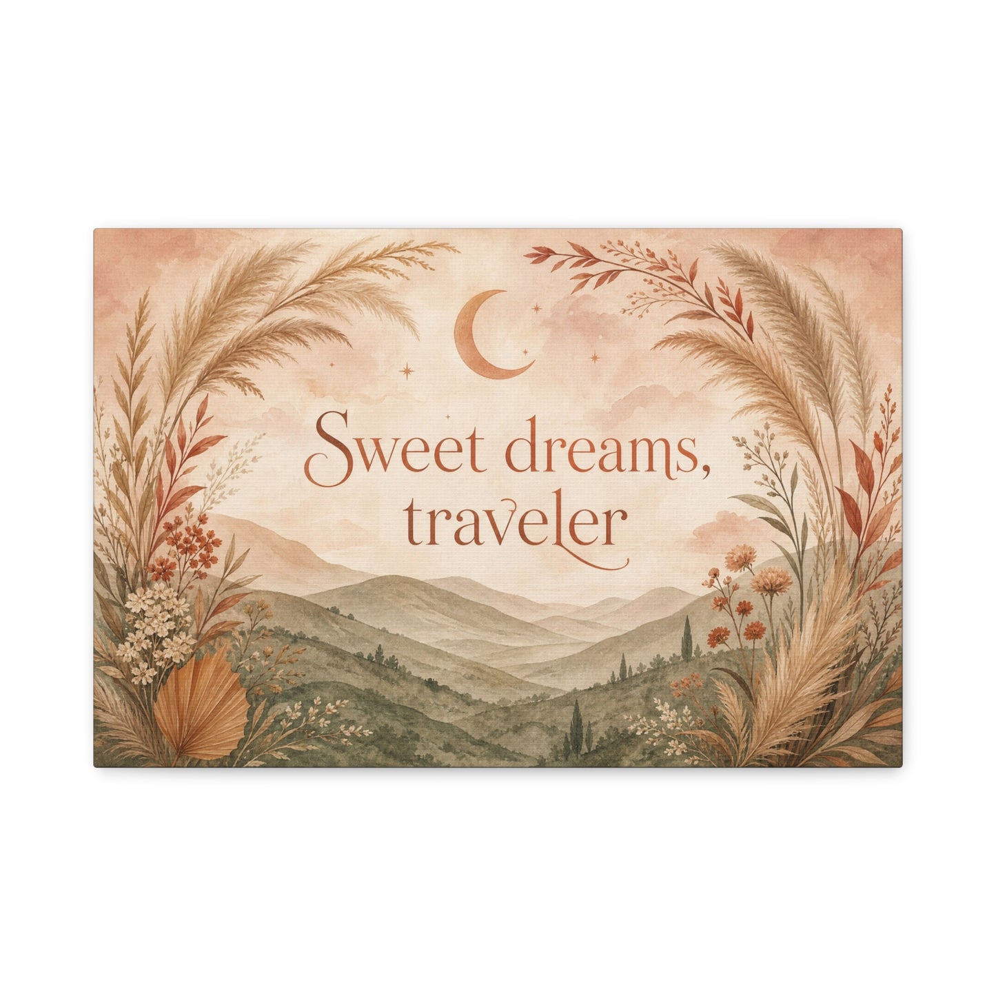 "Sweet Dreams, Traveler" Canvas Wall Art - Boho Moon Mountain Landscape Print - Neutral Botanical Bedroom Decor - Rustic Contemporary Wall Hanging - Ready to Hang - Bedroom Home Decoration