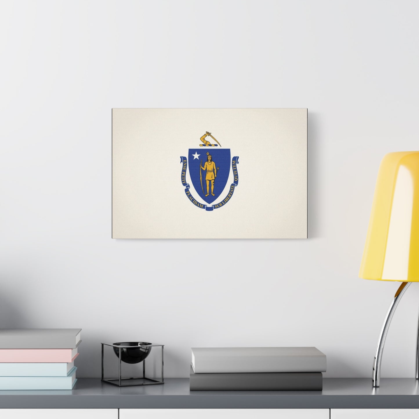 Massachusetts State Flag Canvas Wall Art - Ense Petit Placidam Sub Libertate Quietem - Blue Shield Native American Crest - Minimalist Patriotic Decor - Living Room Wall Decor - Bedroom Home Decoration